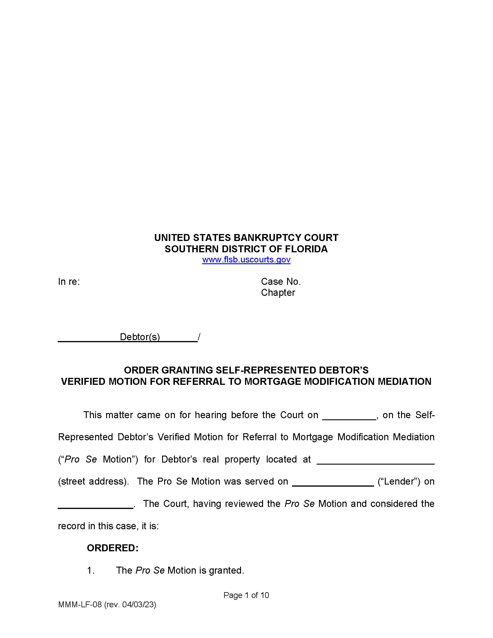 Order Granting Self-Represented Debtors Verified Motion For Referral To MMM {MMM-LF-08} | Pdf Fpdf Doc Docx | Florida