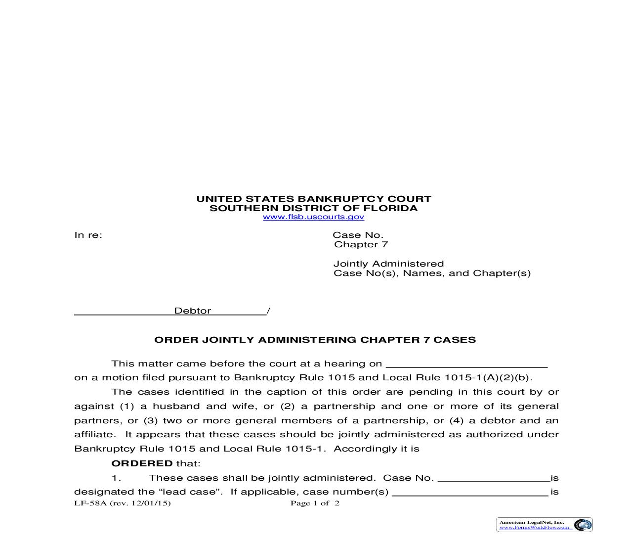 Order Jointly Administering Chapter 7 Cases {LF-58A} | Pdf Fpdf Doc Docx | Florida