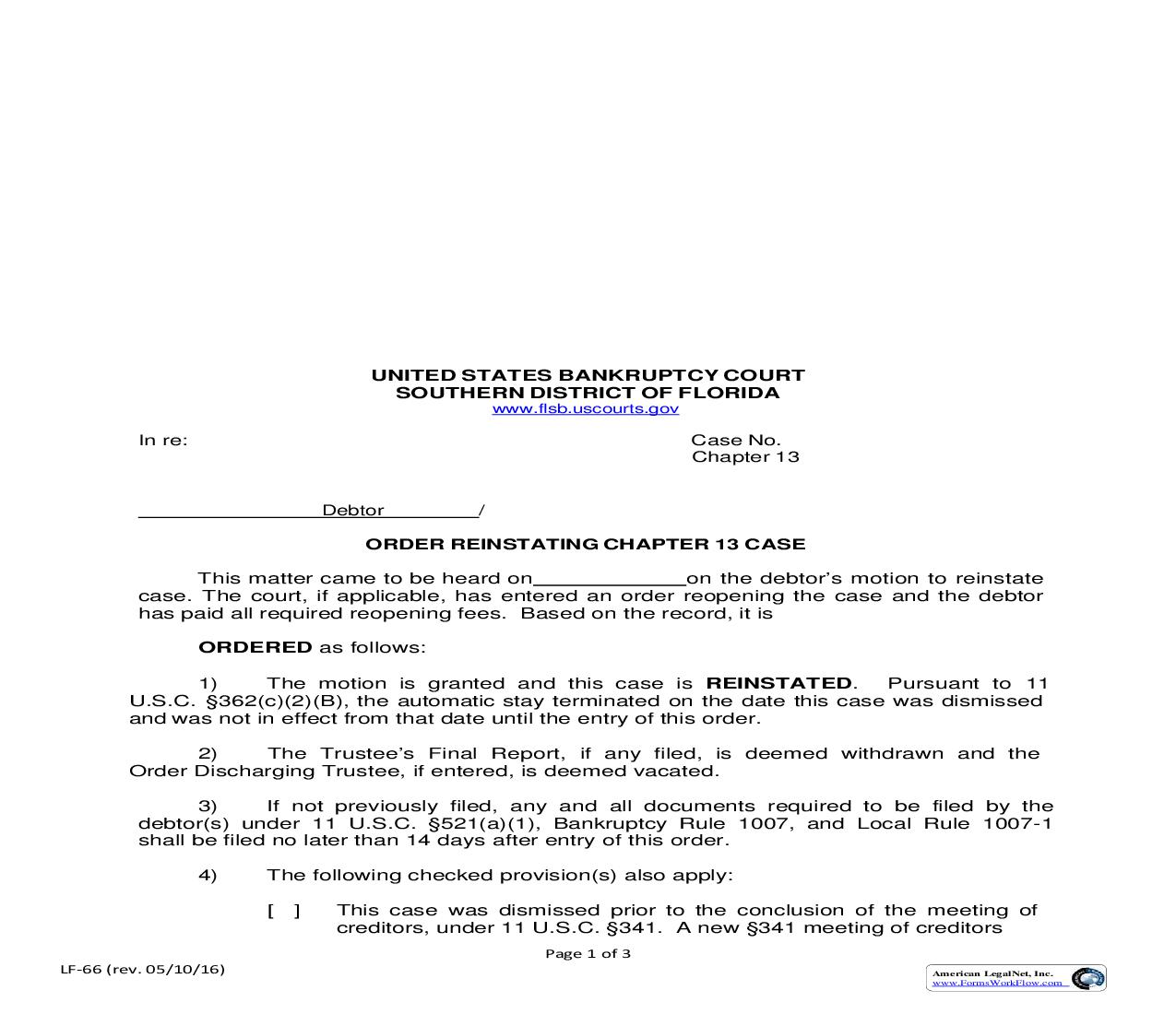 Order Reinstating Chapter 13 Case {LF-66} | Pdf Fpdf Doc Docx | Florida