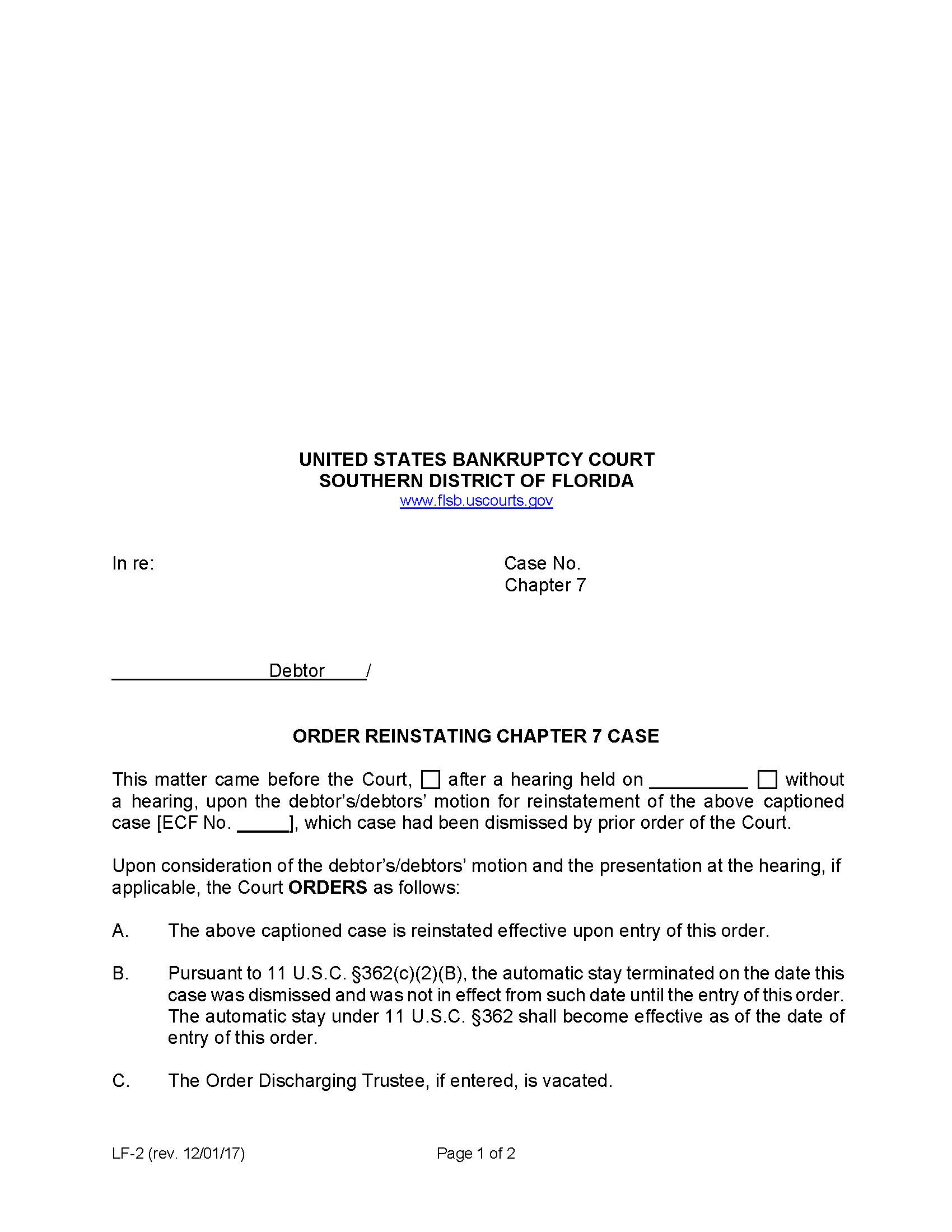Order Reinstating Chapter 7 Case {LF-2} | Pdf Fpdf Doc Docx | Florida