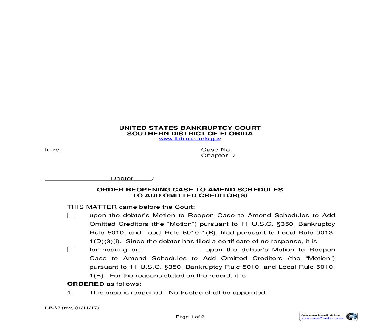Order Reopening Case To Add Omitted Creditors {LF-37} | Pdf Fpdf Doc Docx | Florida