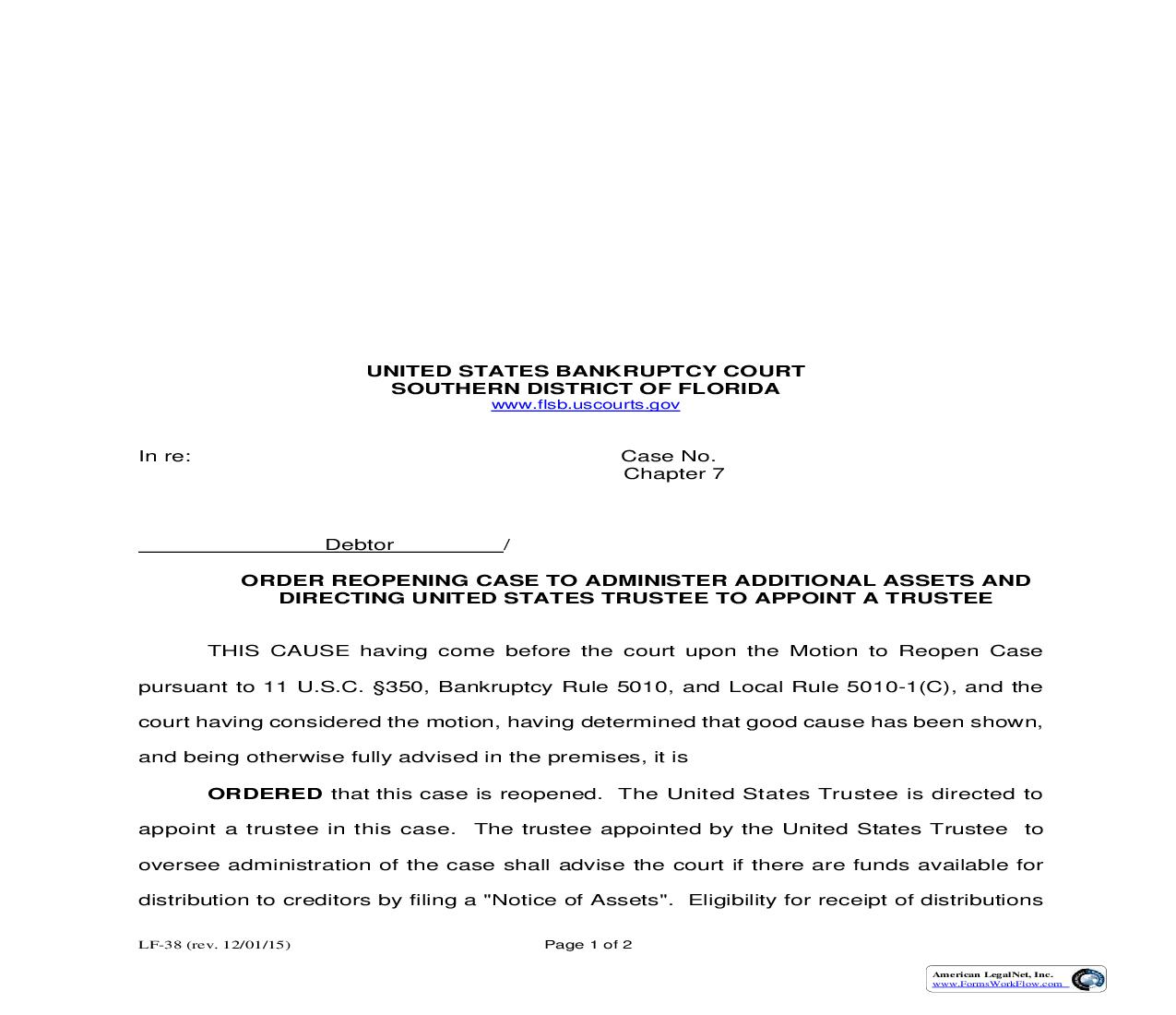 Order Reopening Case To Administer Additional Assets {LF-38} | Pdf Fpdf Doc Docx | Florida