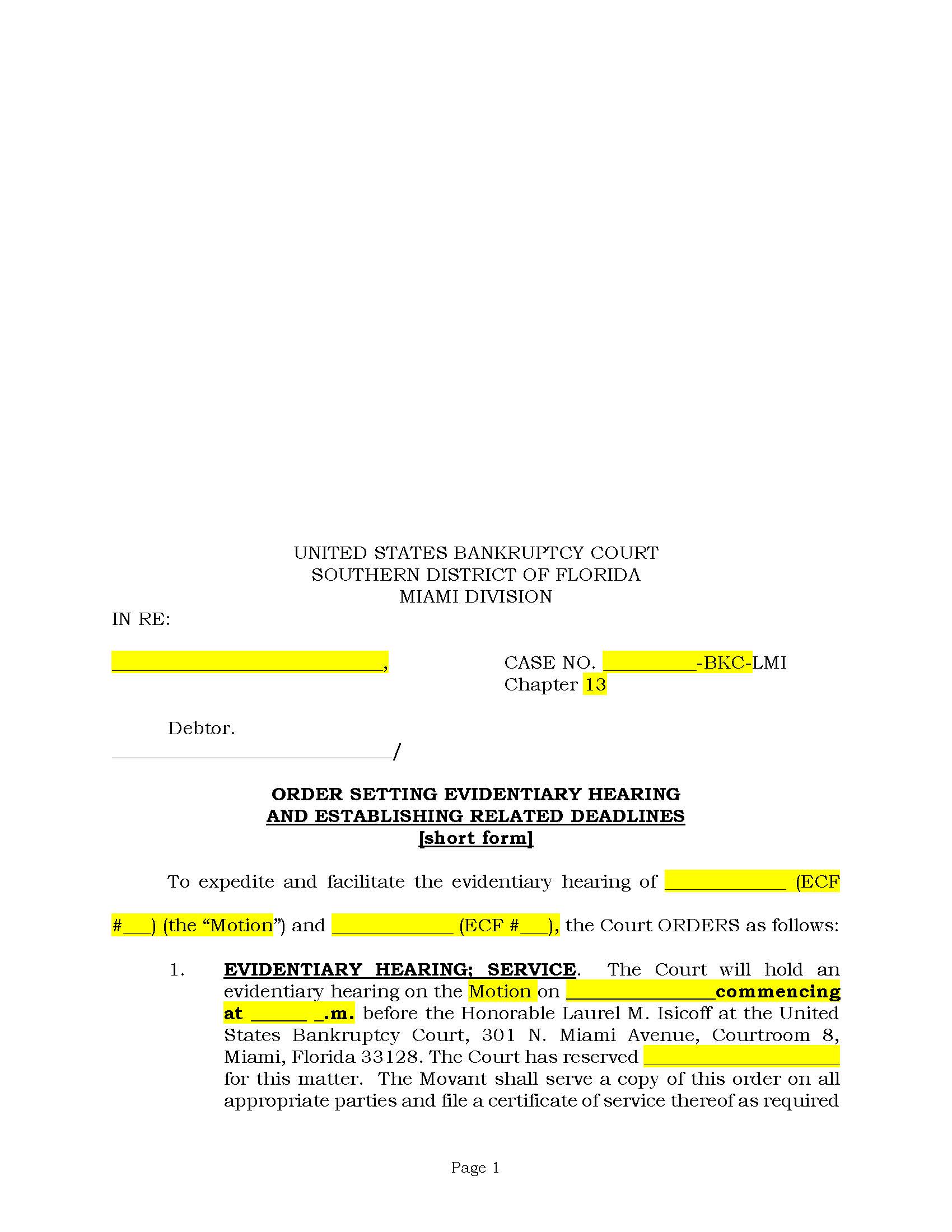 Order Setting Evidentiary Hearing Chapter 13 (Deadlines) (Short Form) (Judge Isicoff) | Pdf Fpdf Docx | Florida