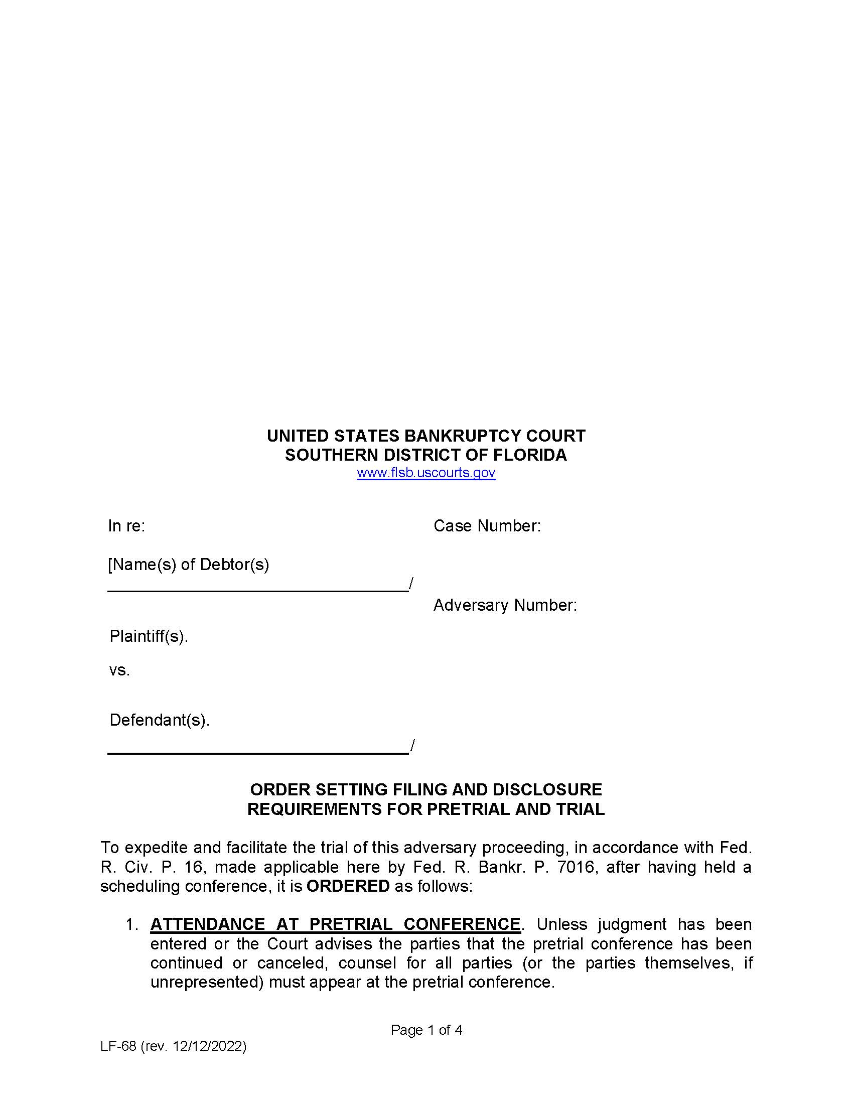 Order Setting Filing And Disclosure Requirements For Pretrial And Trial {LF-68} | Pdf Fpdf Docx | Florida