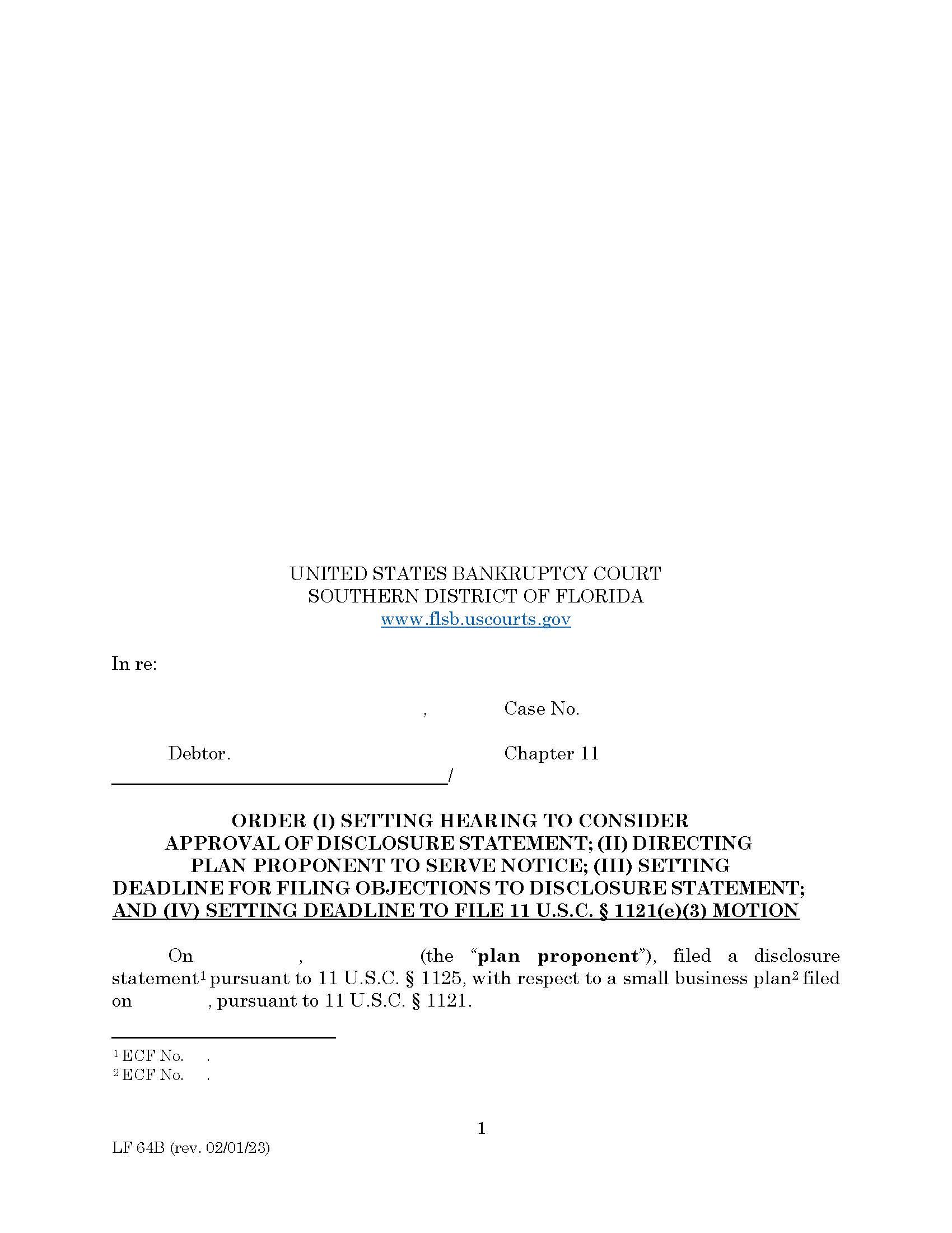 Order Setting Hearing Approval Of Disclosure Statement Confirmation Of Ch 11 Plan {LF-64B} | Pdf Fpdf Doc Docx | Florida