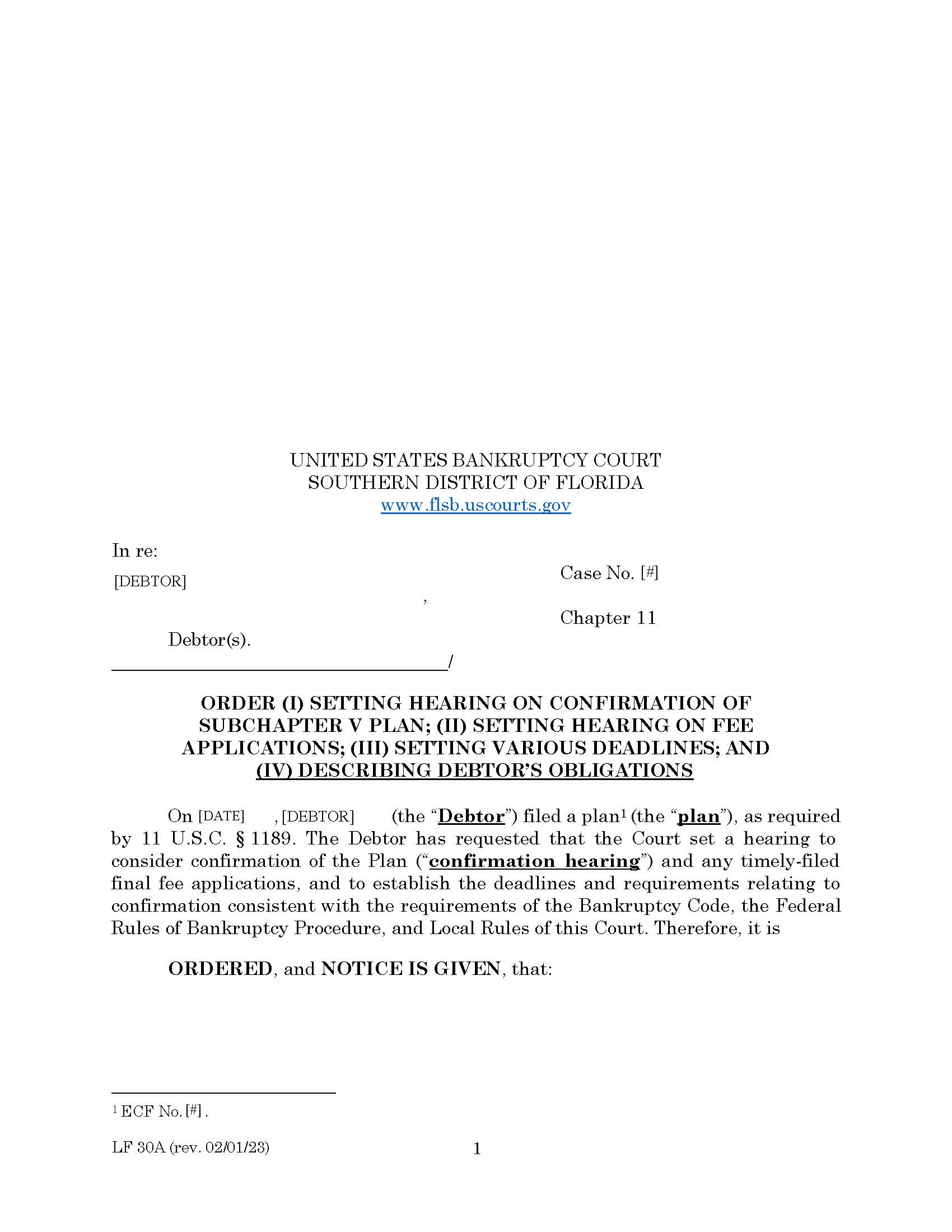 Order Setting Hearing Confirmation Of Plan Deadline For Filing Objections {LF-30A} | Pdf Fpdf Docx | Florida