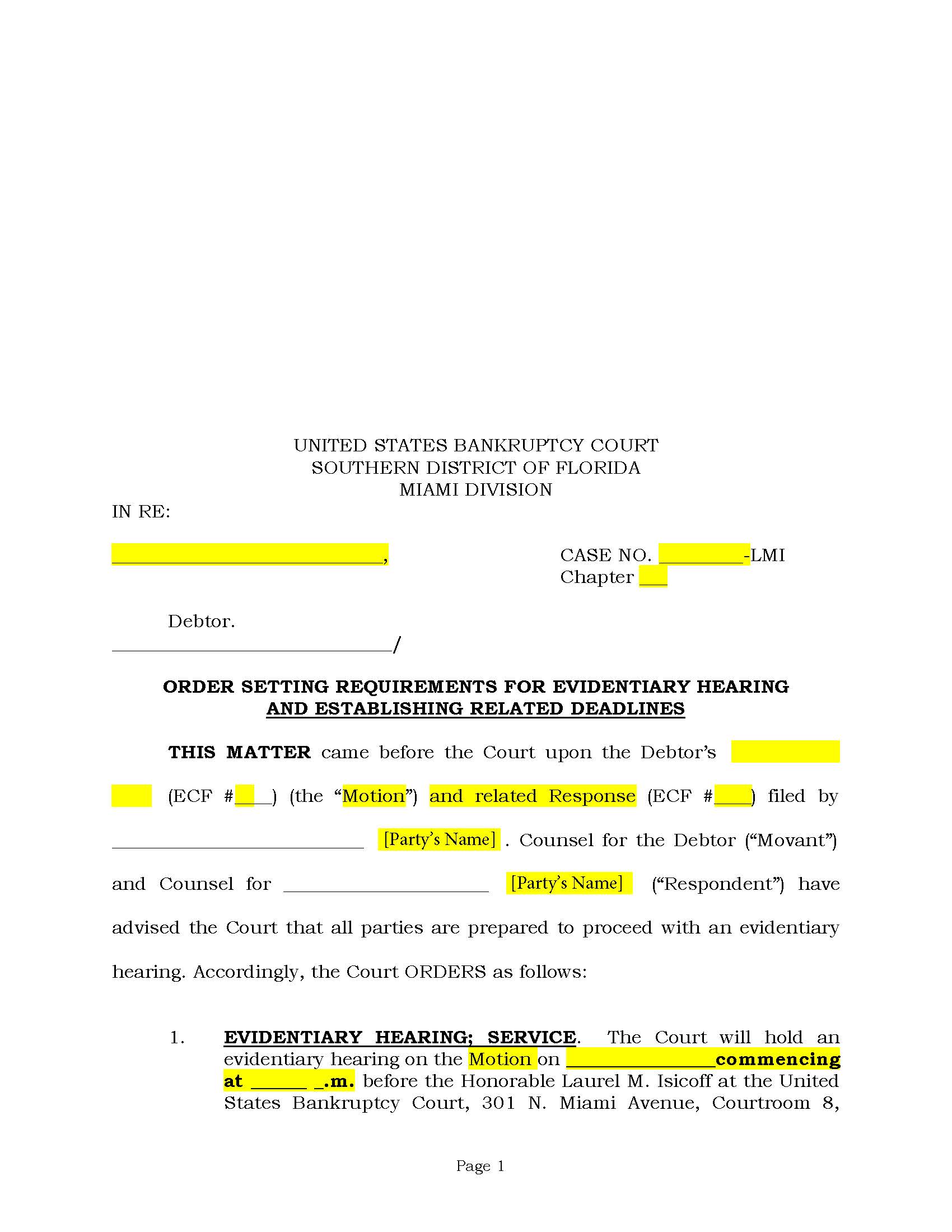 Order Setting Requirements For Evidentiary Hearing Chapter 13 (Long Form) (Judge Isicoff) | Pdf Fpdf Docx | Florida
