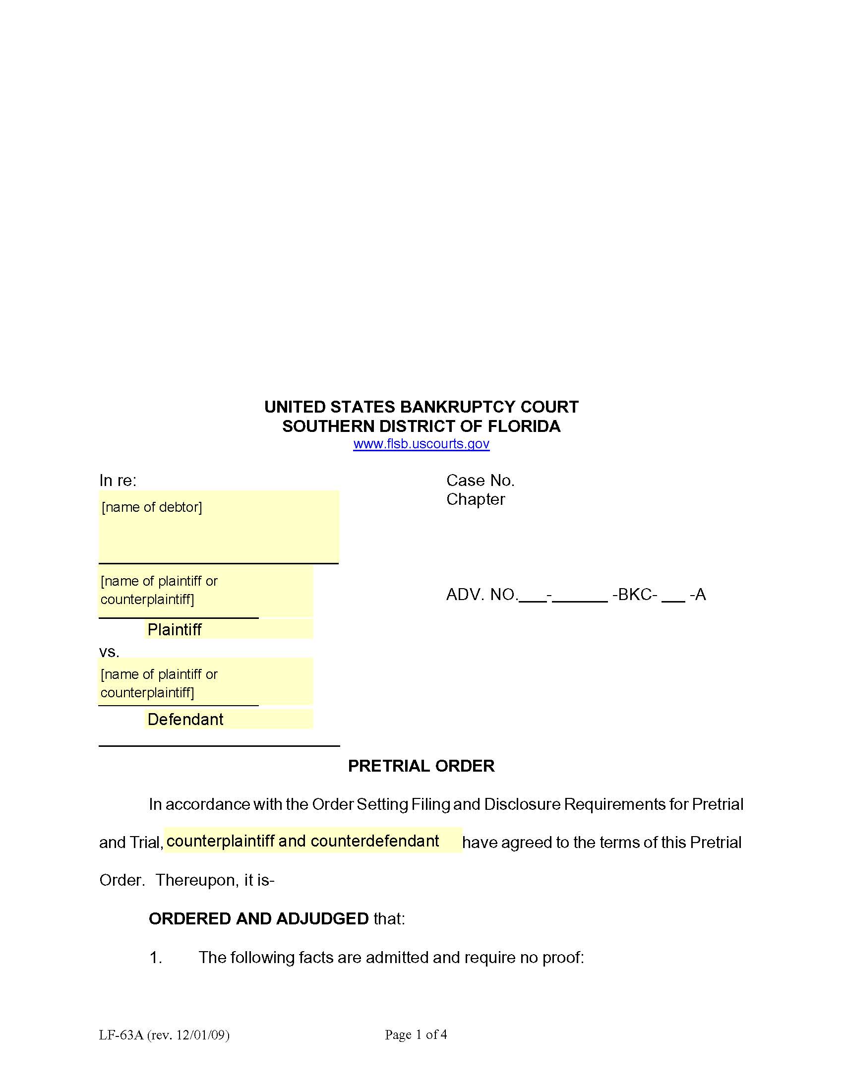 Pretrial Order In An Adversary Proceeding {LF-63A} | Pdf Fpdf Doc Docx | Florida