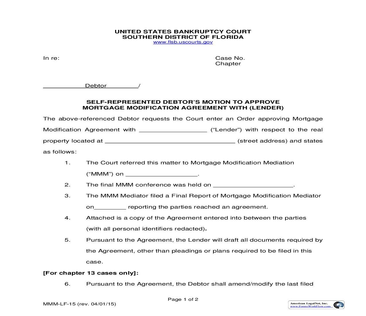 Self-Represented Debtors Motion To Approve Mortgage Modification Agreement  With (Lender) {MMM-LF-15} | Pdf Fpdf Doc Docx | Florida