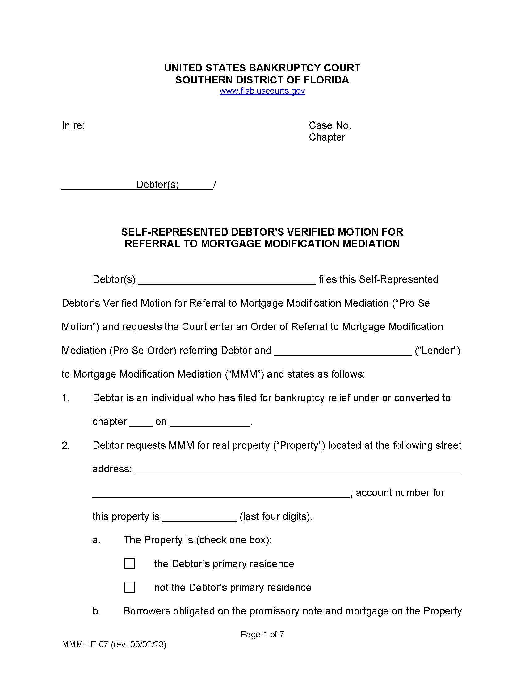 Self-Represented Debtors Verified Motion Referral To Mortgage Modification Mediation {MMM-LF-07} | Pdf Fpdf Doc Docx | Florida