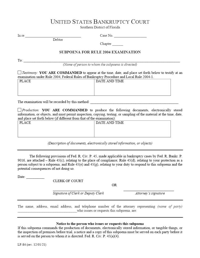 Subpoena For Rule 2004 Examination {LF-84} | Pdf Fpdf Doc Docx | Florida