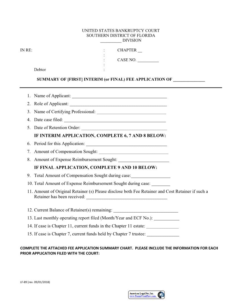 Summary Of Fee Application Of Counsel Or Accountant {LF-89} | Pdf Fpdf Docx | Florida