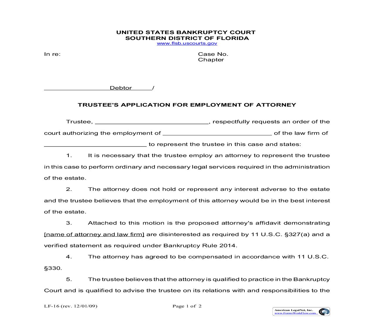 Trustees Application For Employment Of Attorney {LF-16} | Pdf Fpdf Doc Docx | Florida