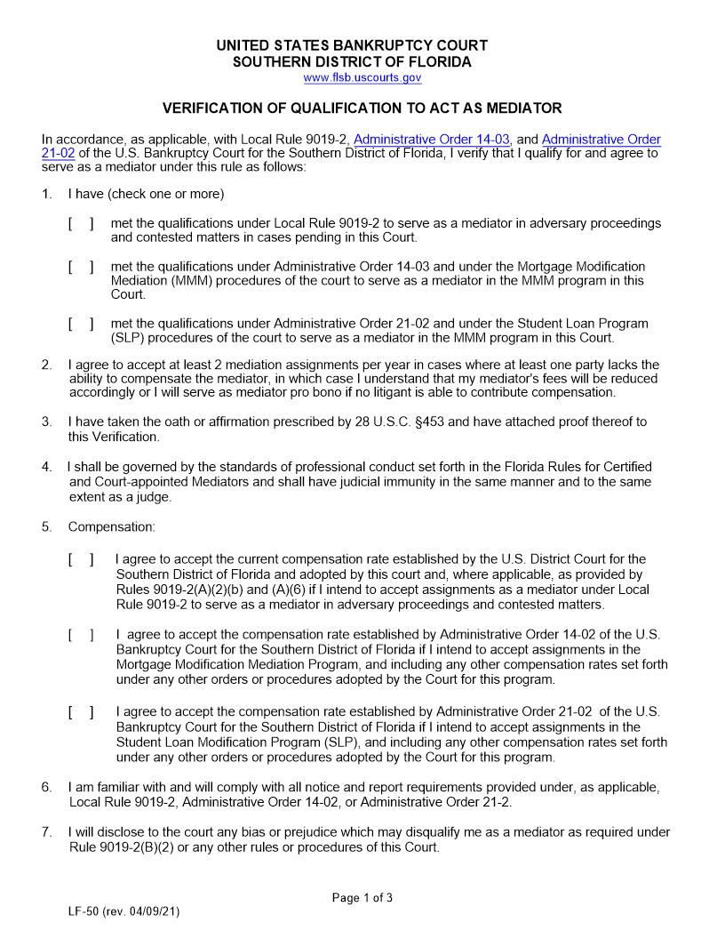 Verification Of Qualification To Act As Mediator {LF-50} | Pdf Fpdf Doc Docx | Florida