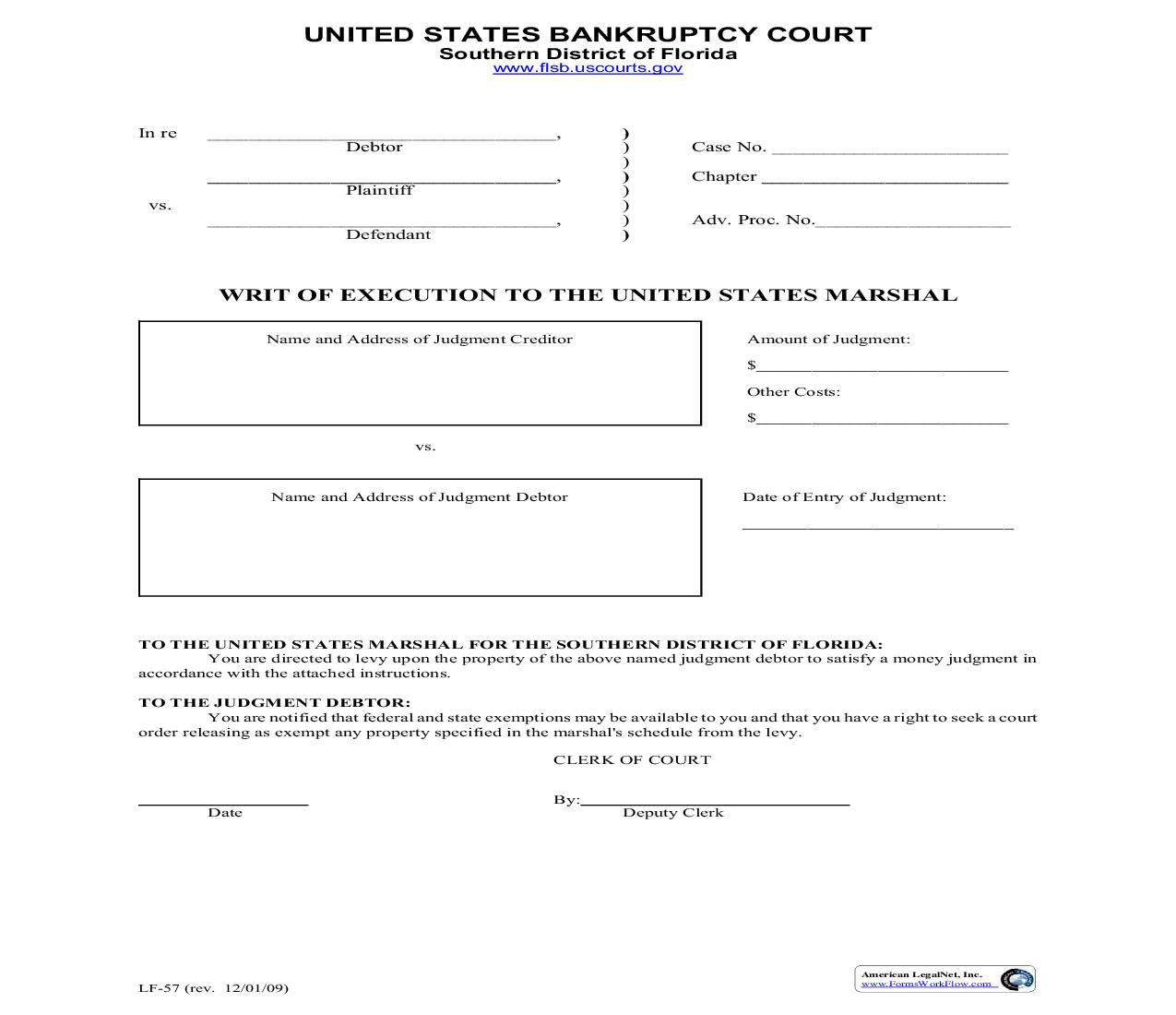 Writ Of Execution To The United States Marshall {LF-57} | Pdf Fpdf Doc Docx | Florida