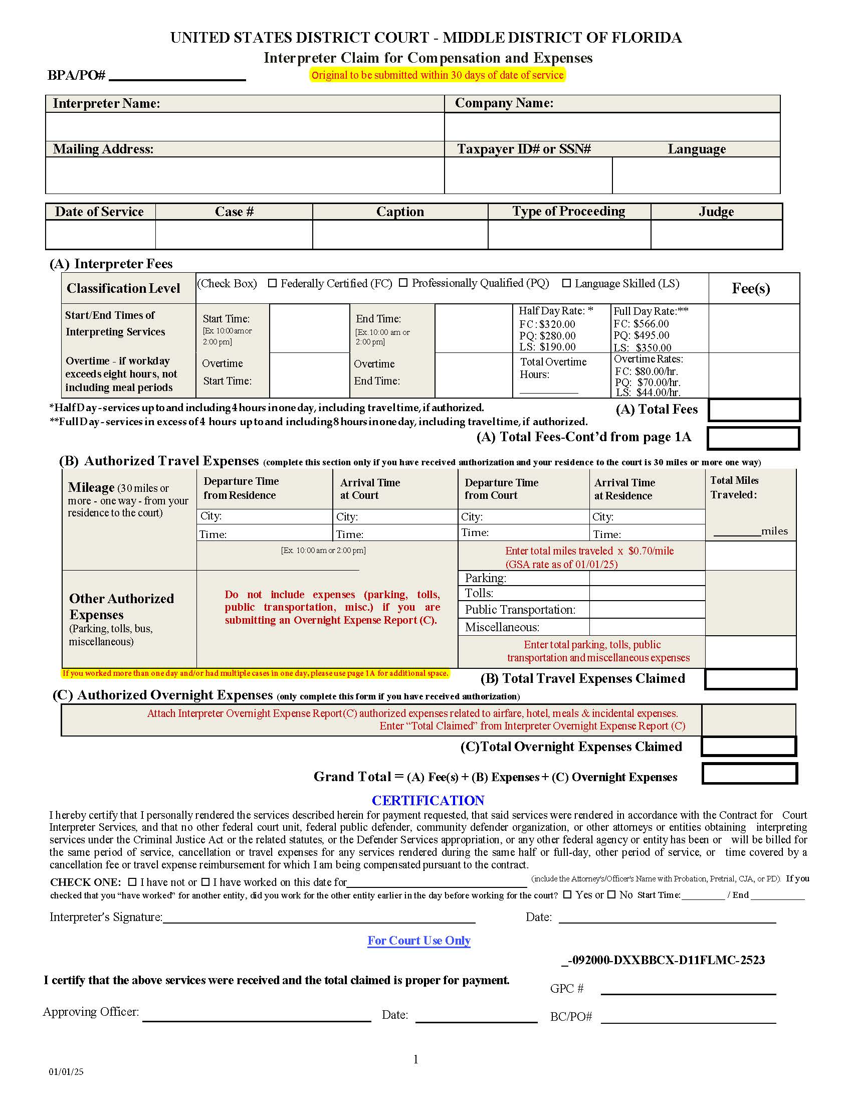 2025 Interpreter Claim For Compensation Of Expenses | Pdf Fpdf Docx | Florida