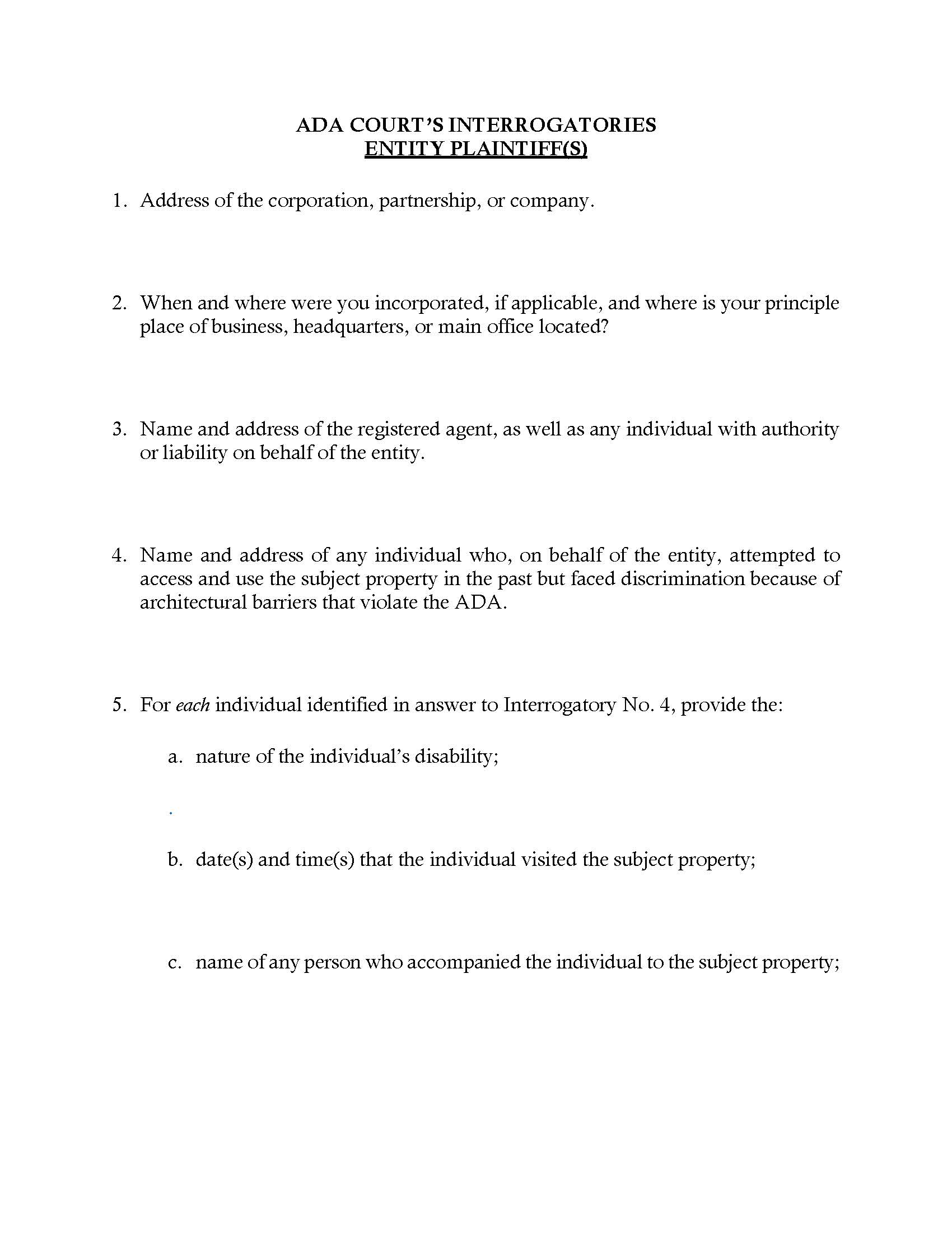 ADA Courts Interrogatories Entity Plaintiff(s) (Fort Myers) | Pdf Fpdf Docx | Florida