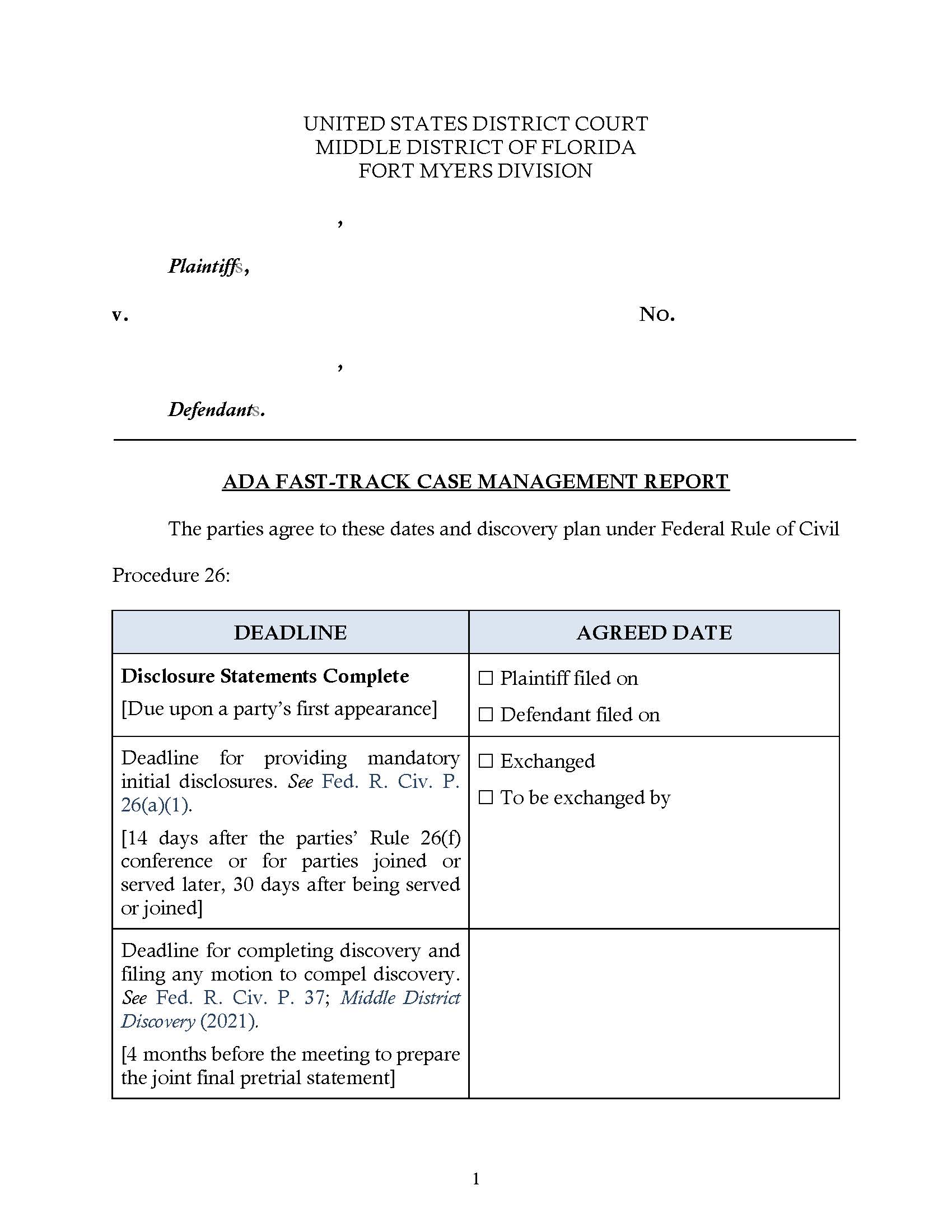 ADA Fast-Track Case Management Report (Fort Myers) | Pdf Fpdf Docx | Florida