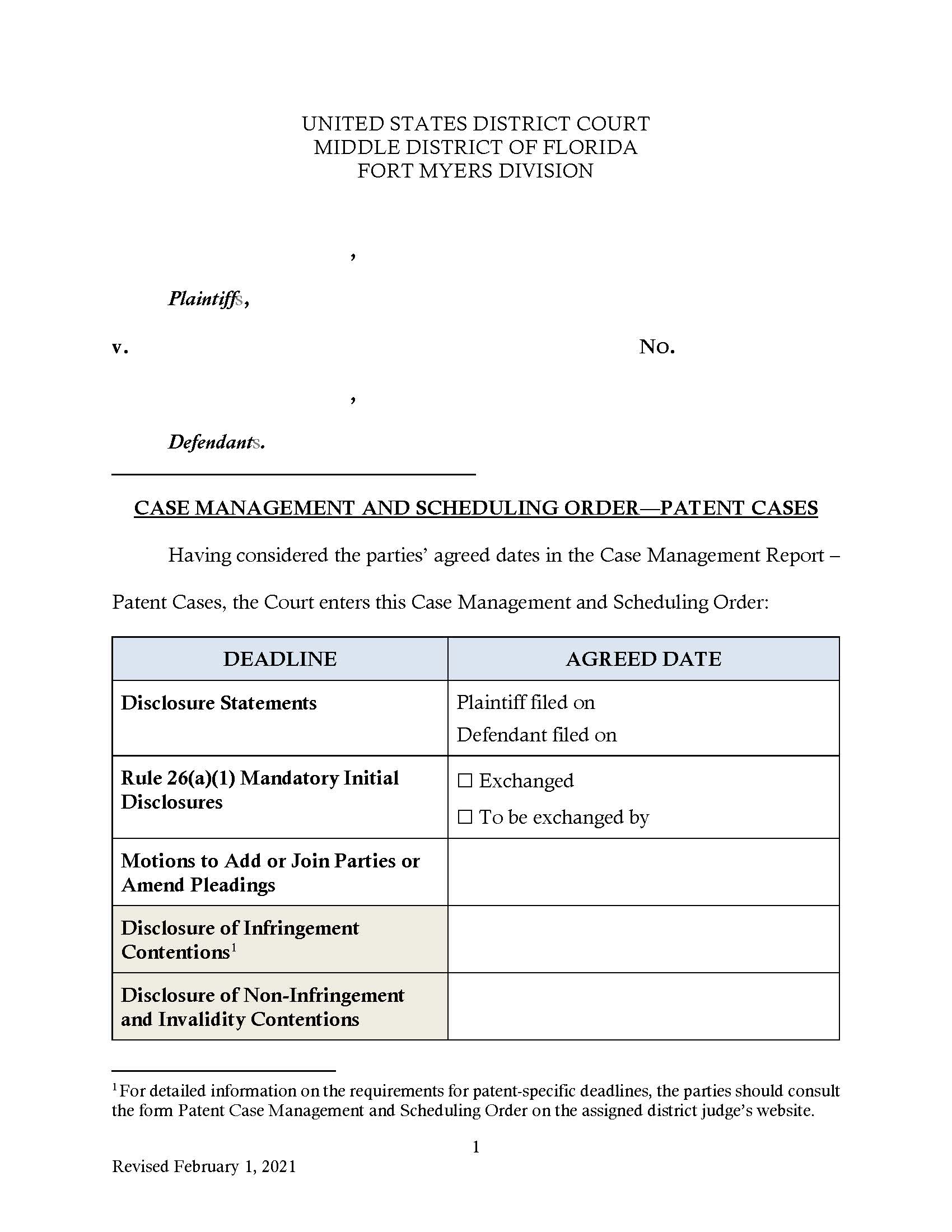Case Management And Scheduling Order - Patent Cases (Fort Myers) | Pdf Fpdf Docx | Florida
