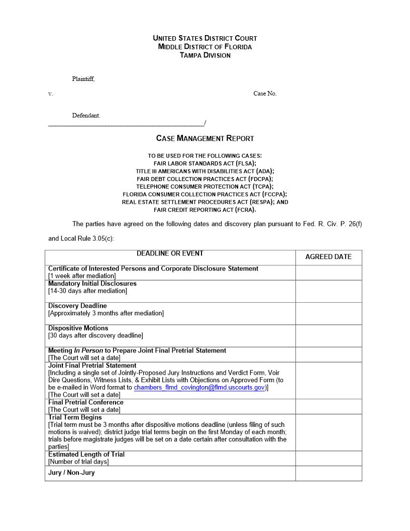 Case Management Report (Fast Track) (Judge Covington-Tampa) | Pdf Fpdf Doc Docx | Florida