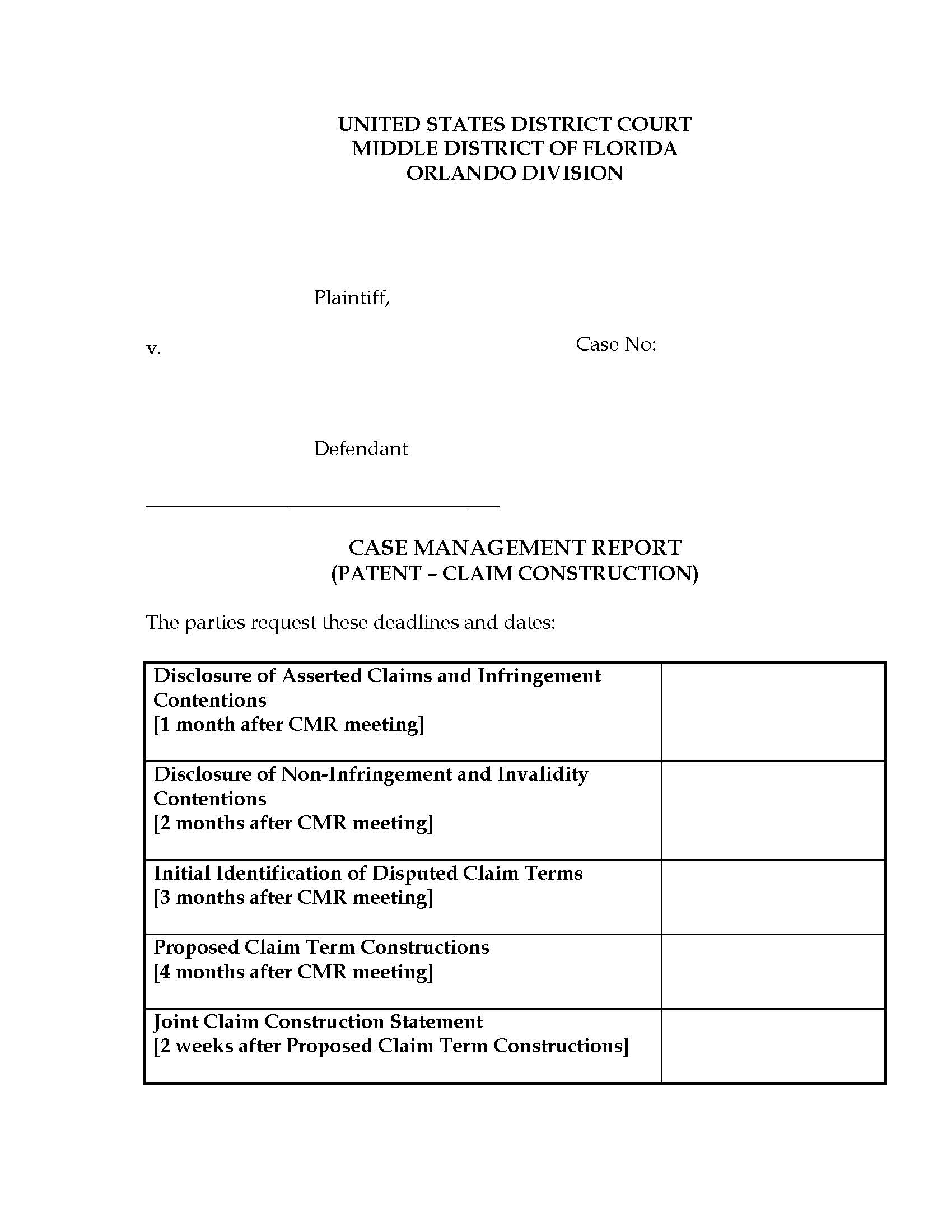 Case Management Report (Patent) (Judge Presnell) | Pdf Fpdf Docx | Florida
