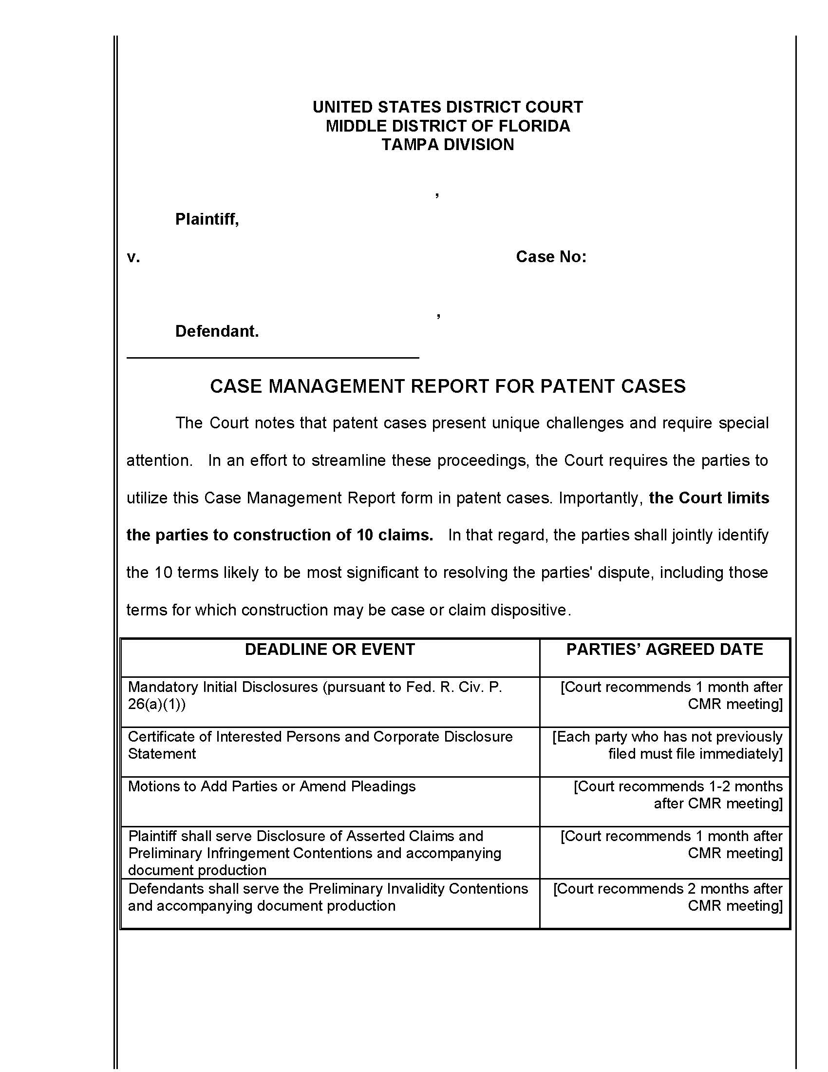Case Management Report For Patent Cases (Judge Covington-Tampa) | Pdf Fpdf Docx | Florida