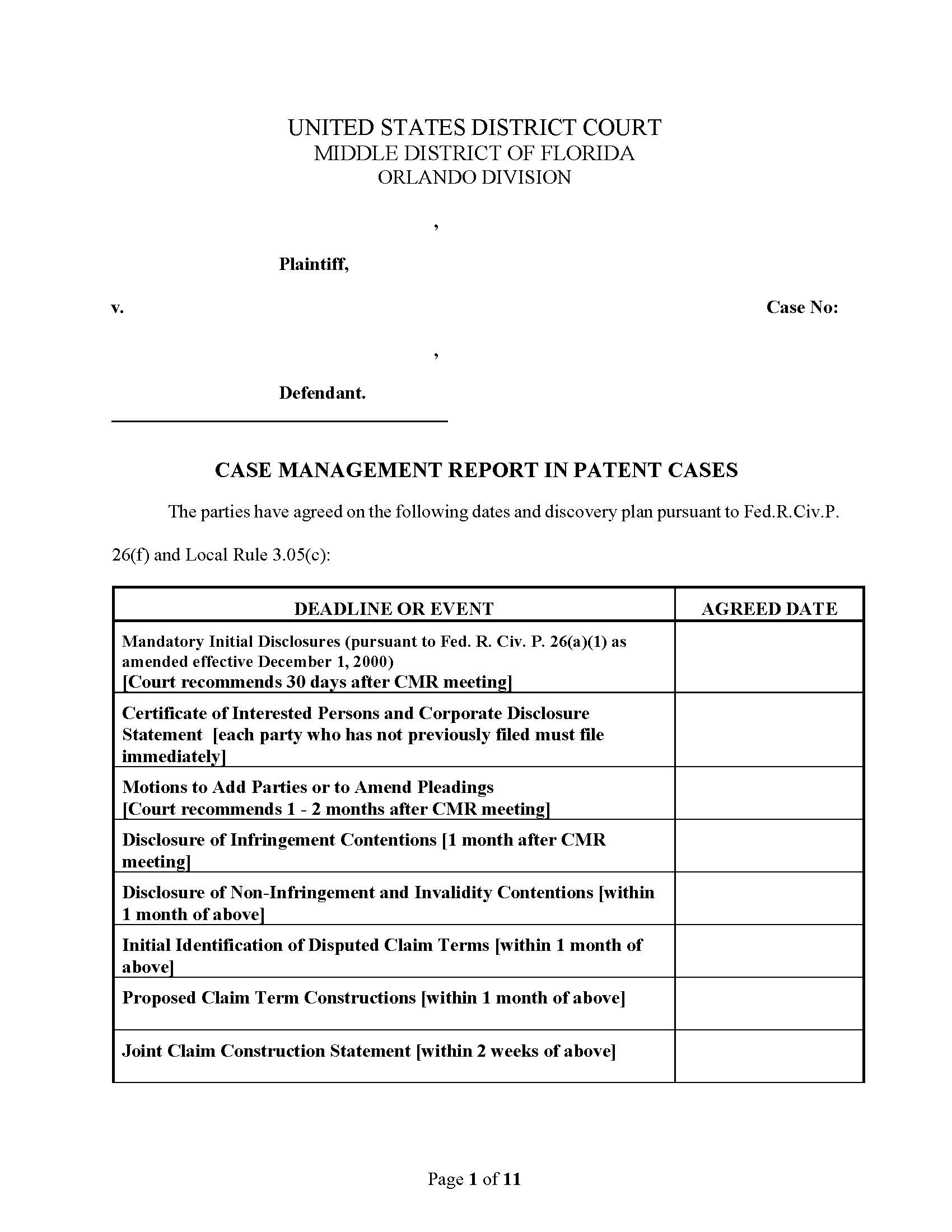 Case Management Report In Patent Cases (Judge Berger) | Pdf Fpdf Docx | Florida
