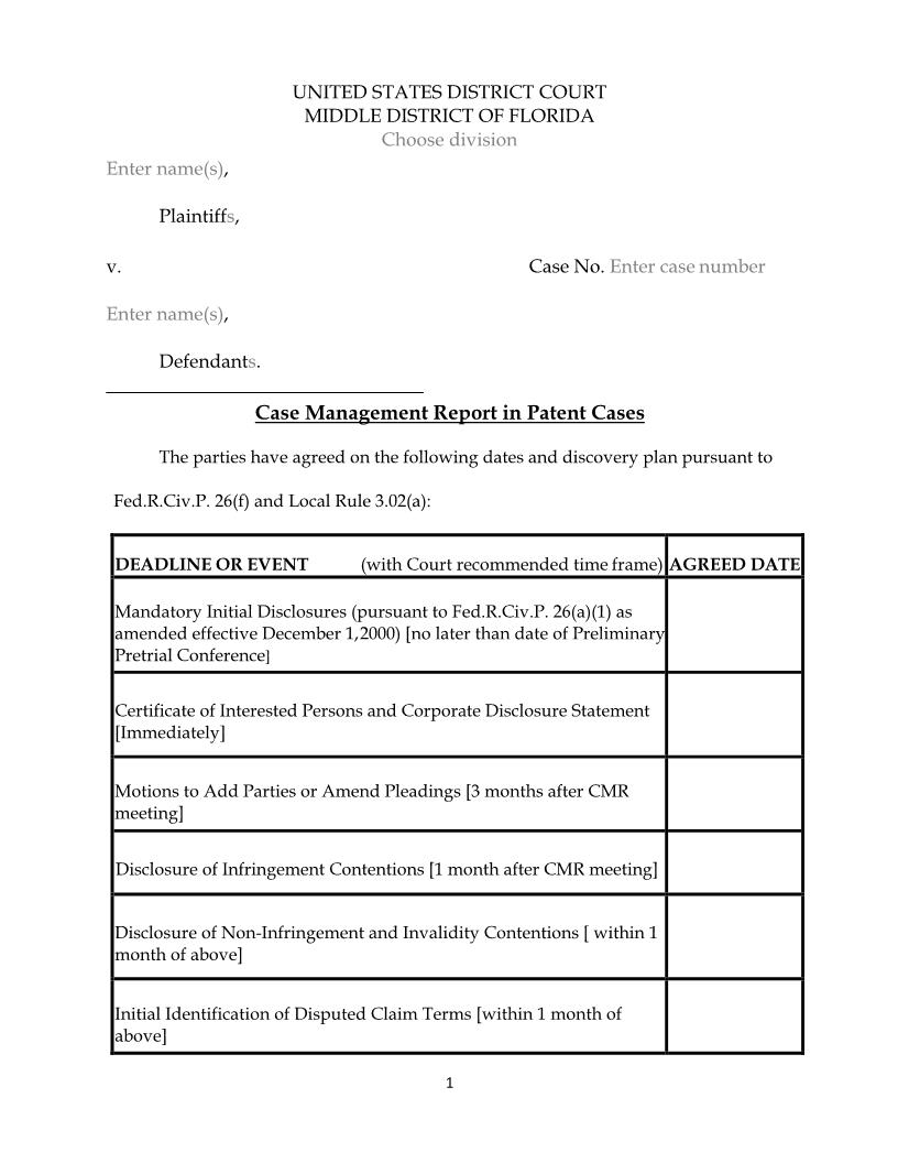 Case Management Report In Patent Cases (Judge Conway - Orlando) | Pdf Fpdf Docx | Florida