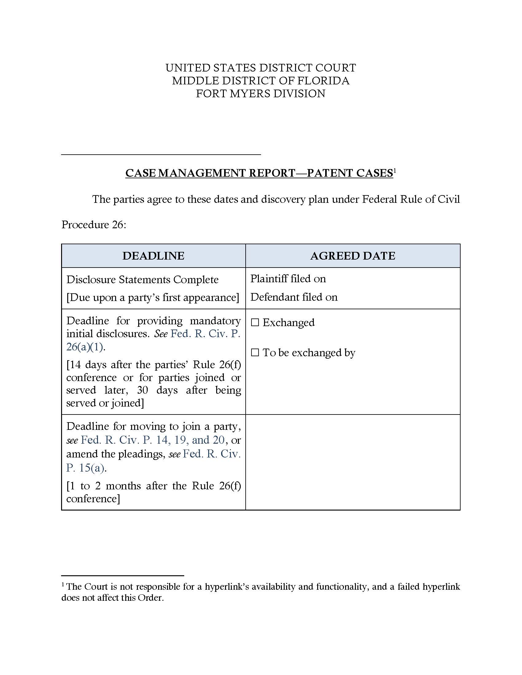 Case Management Report-Patent Cases (Fort Myers) | Pdf Fpdf Docx | Florida