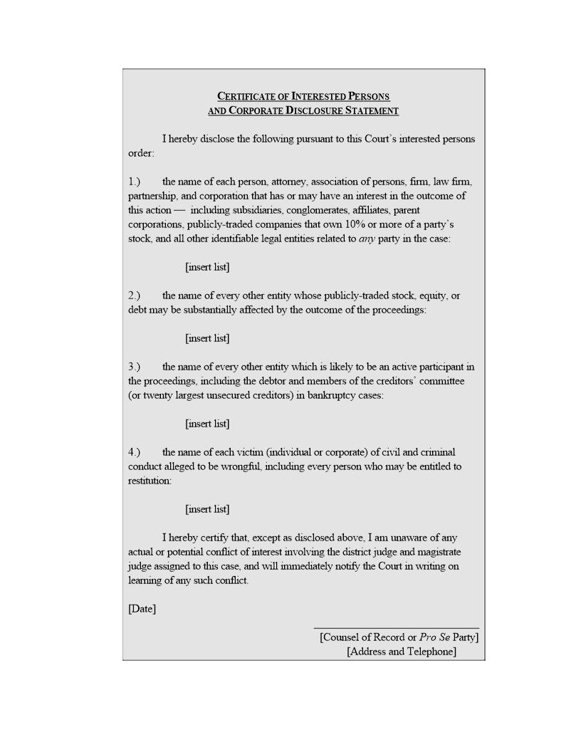 Certificate Of Interested Persons And Corporate Disclosure Statement (Judge Covington) | Pdf Fpdf Docx | Florida