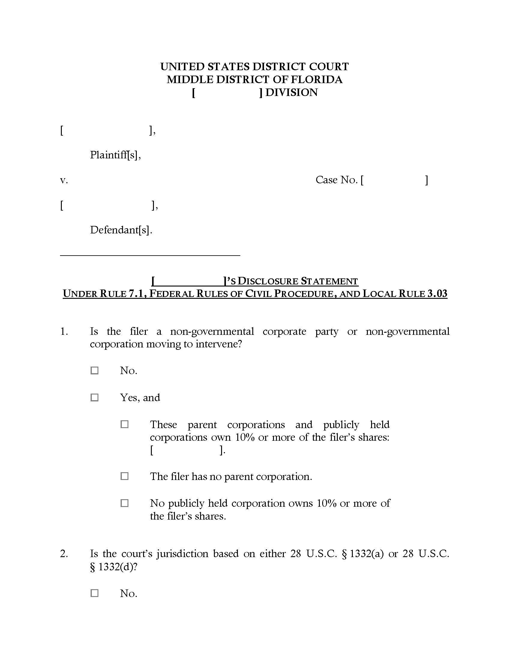 Disclosure Statement Pursuant To FRCP 7.1 And Local Rule 3.03 {FLMD DS-FRCP7.1}} | Pdf Fpdf Docx | Florida
