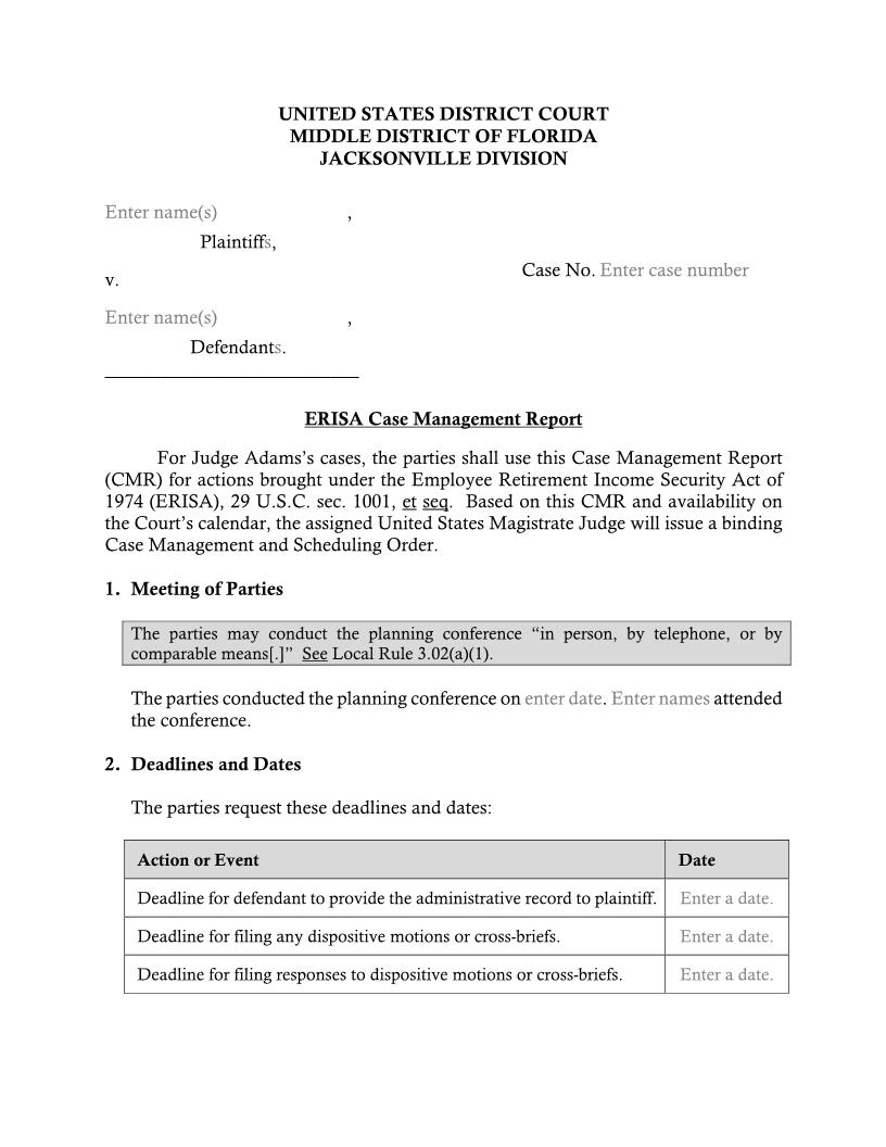 ERISA Case Management Report (Judge Adams) {FLMD ERISA-CMR-HLA} | Pdf Fpdf Docx | Florida