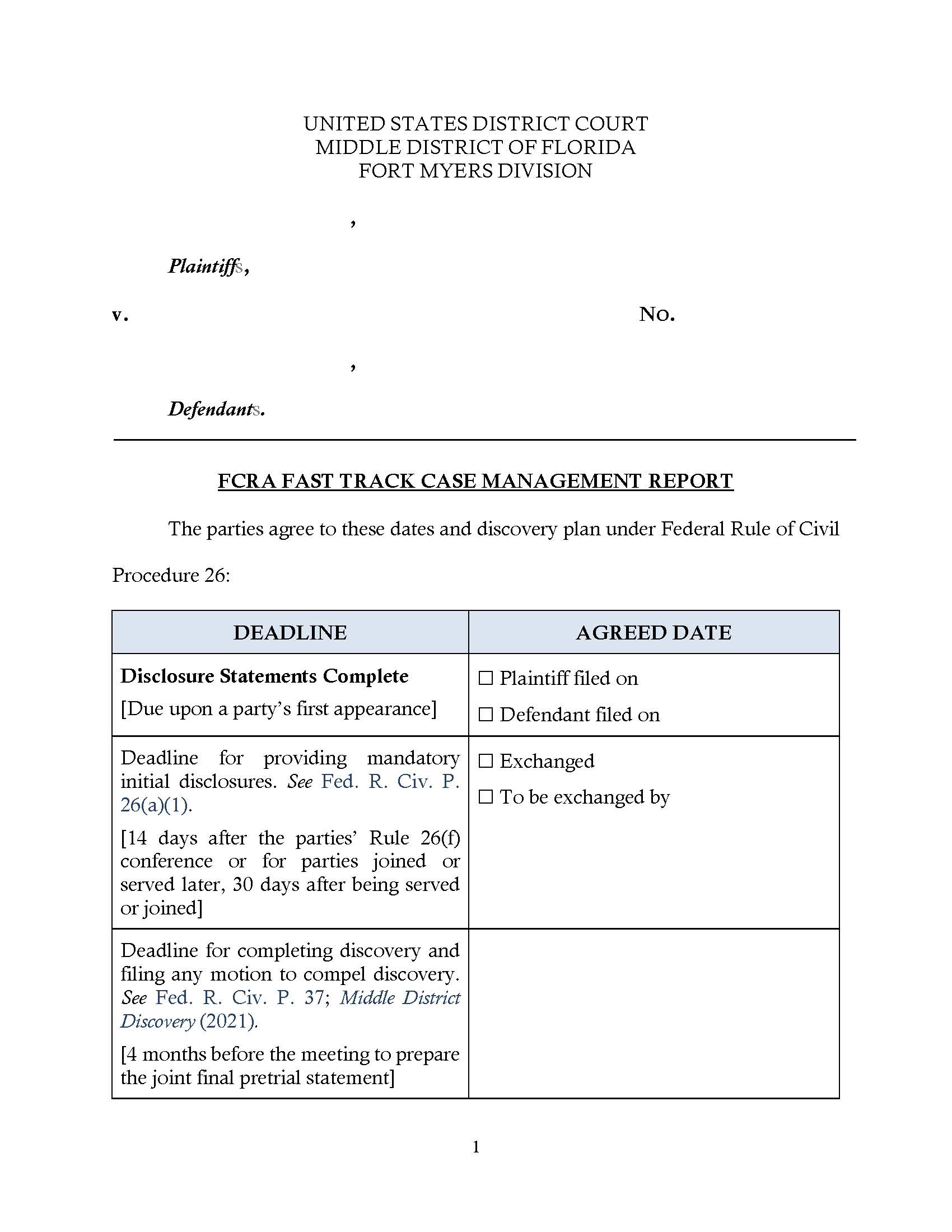 FCRA Fast Track Case Management Report (Fort Myers) | Pdf Fpdf Docx | Florida