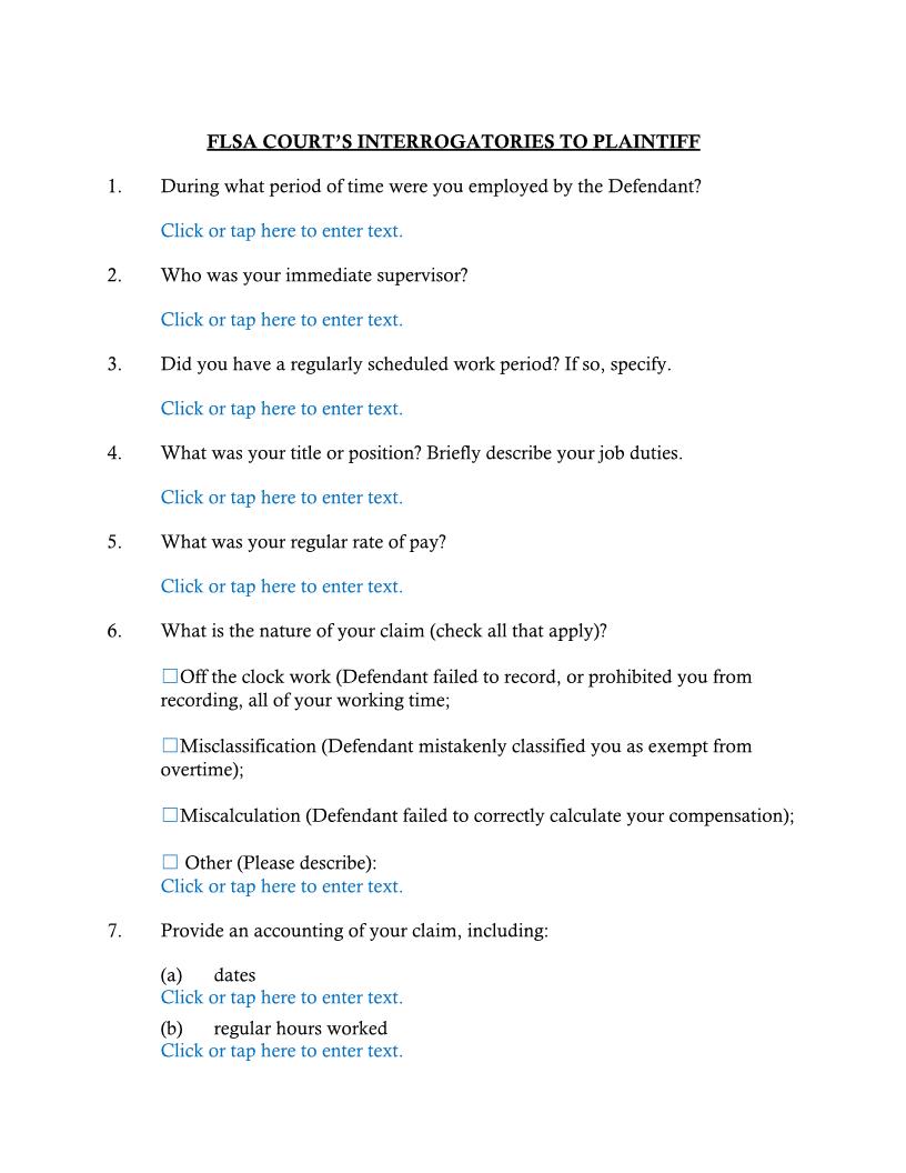 FLSA Courts Interrogatories To Plaintiff (Fort Myers) | Pdf Fpdf Docx | Florida