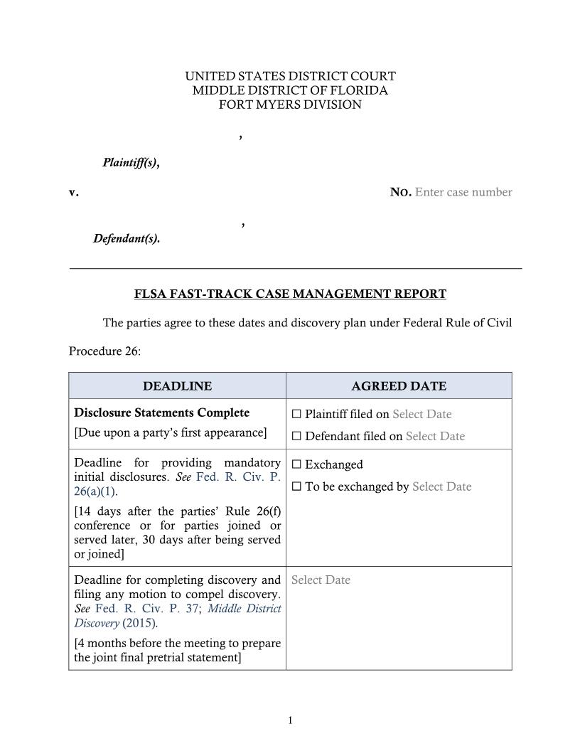 FLSA Fast-Track Case Management Report (Fort Myers) | Pdf Fpdf Docx | Florida