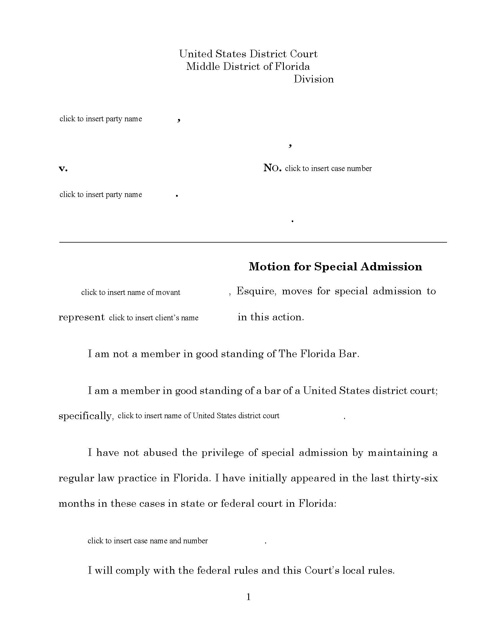 Motion For Special Admission (Fort Myers) {FLMD MSA} | Pdf Fpdf Docx | Florida