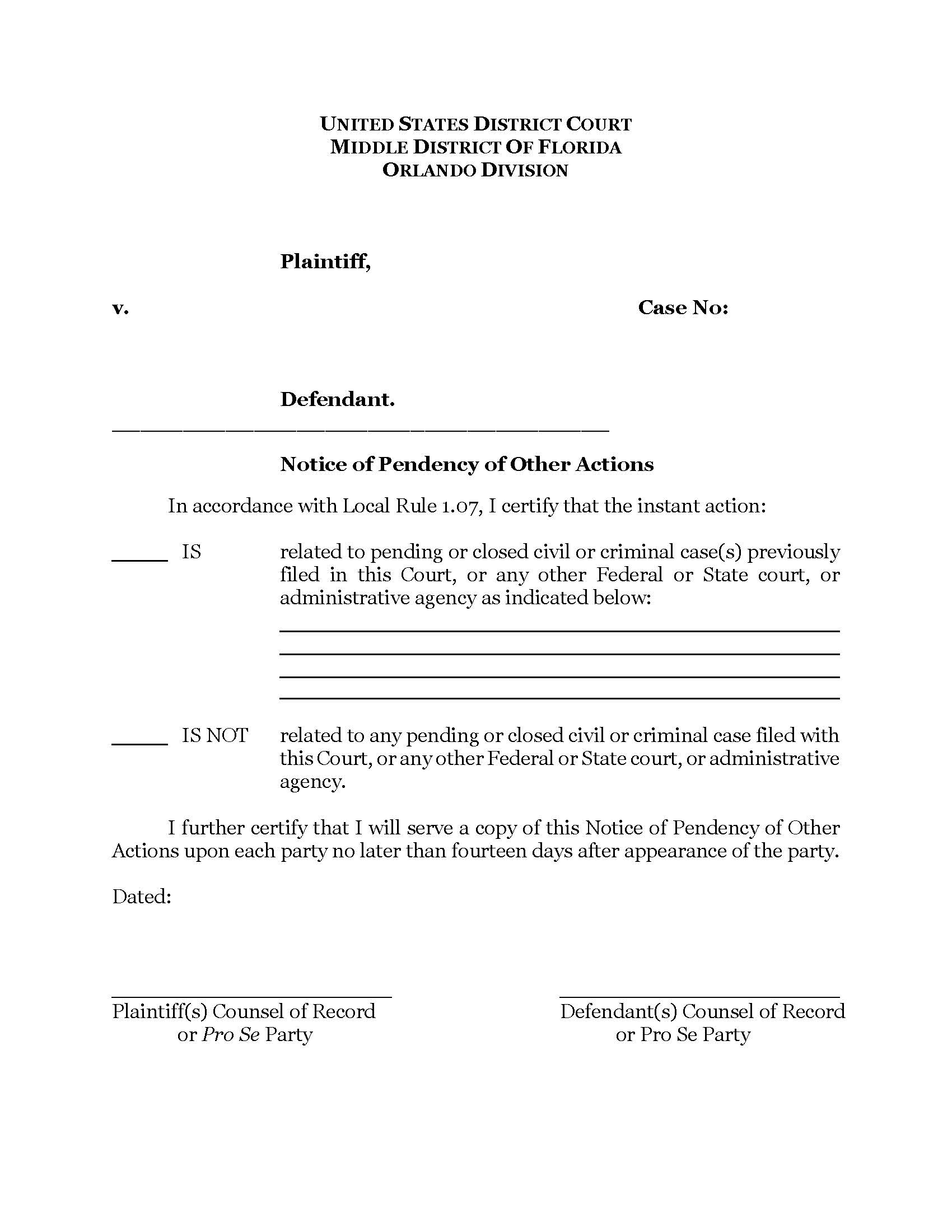 Notice Of Pendency Of Other Actions (Judge Byron Orlando) | Pdf Fpdf Doc Docx | Florida