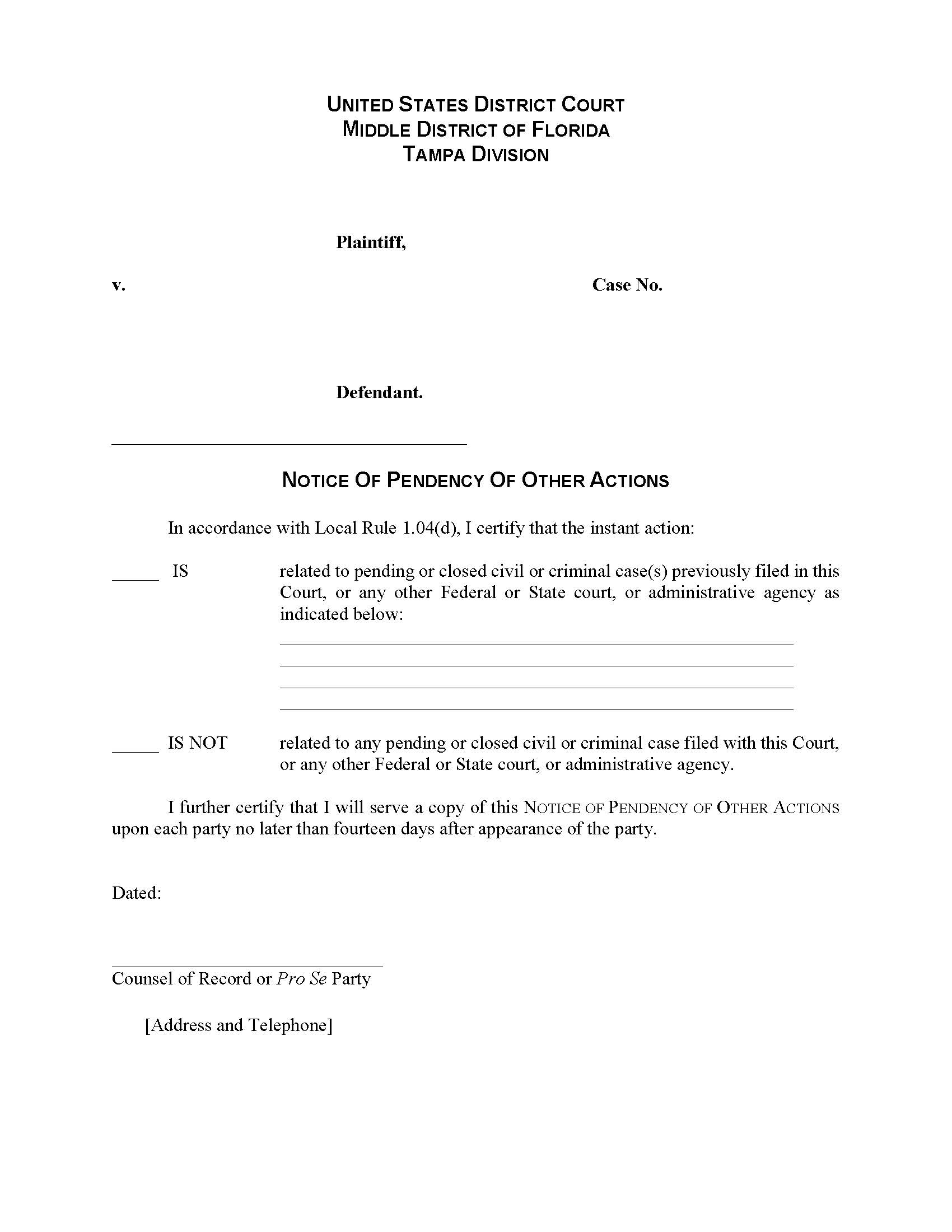 Notice Of Pendency Of Other Actions (Judge Covington) | Pdf Fpdf Docx | Florida