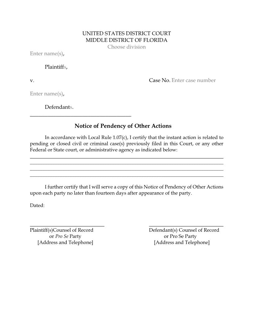 Notice Of Pendency Of Other Actions (Judge Dalton Orlando) | Pdf Fpdf Docx | Florida