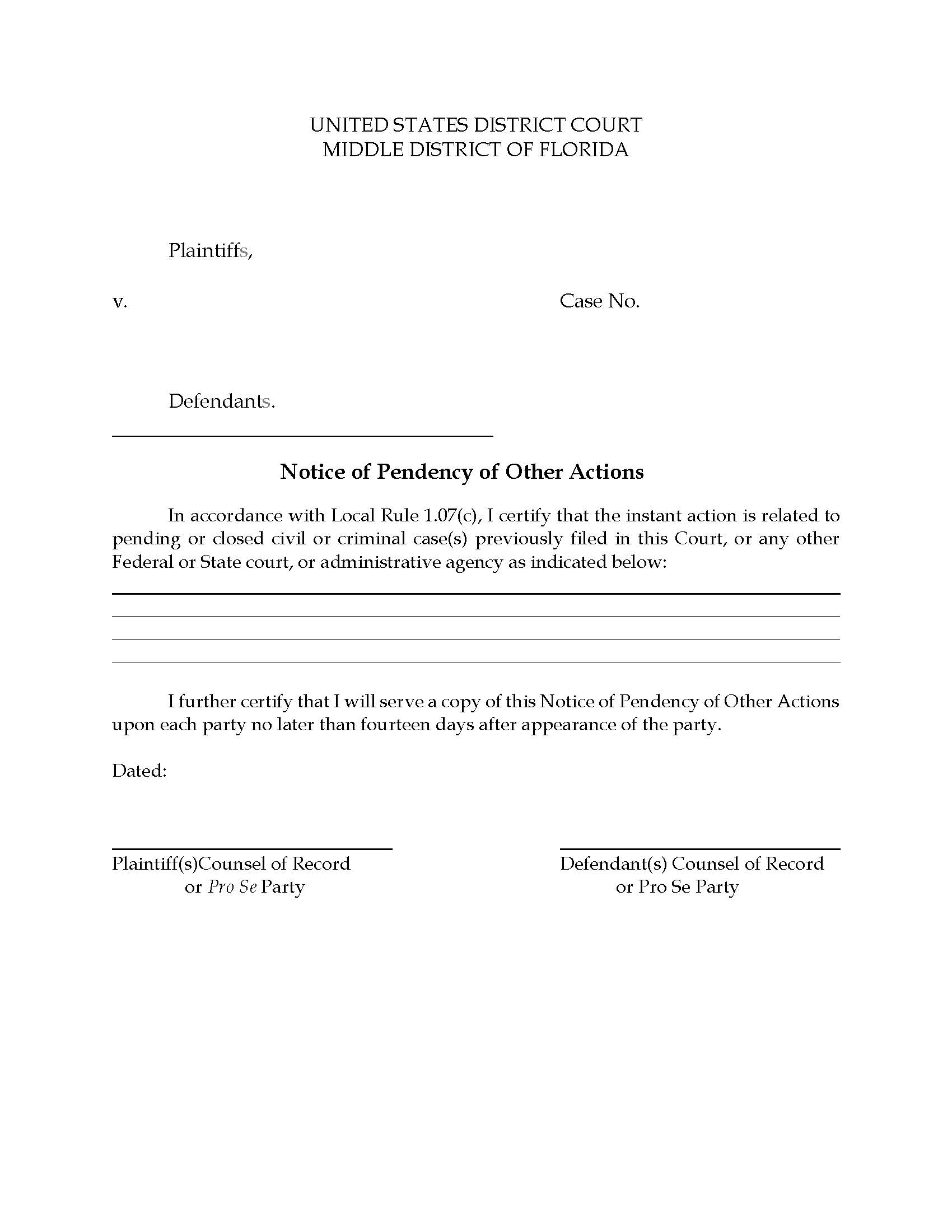 Notice Of Pendency Of Other Actions (Judge Dalton Orlando) | Pdf Fpdf Docx | Florida