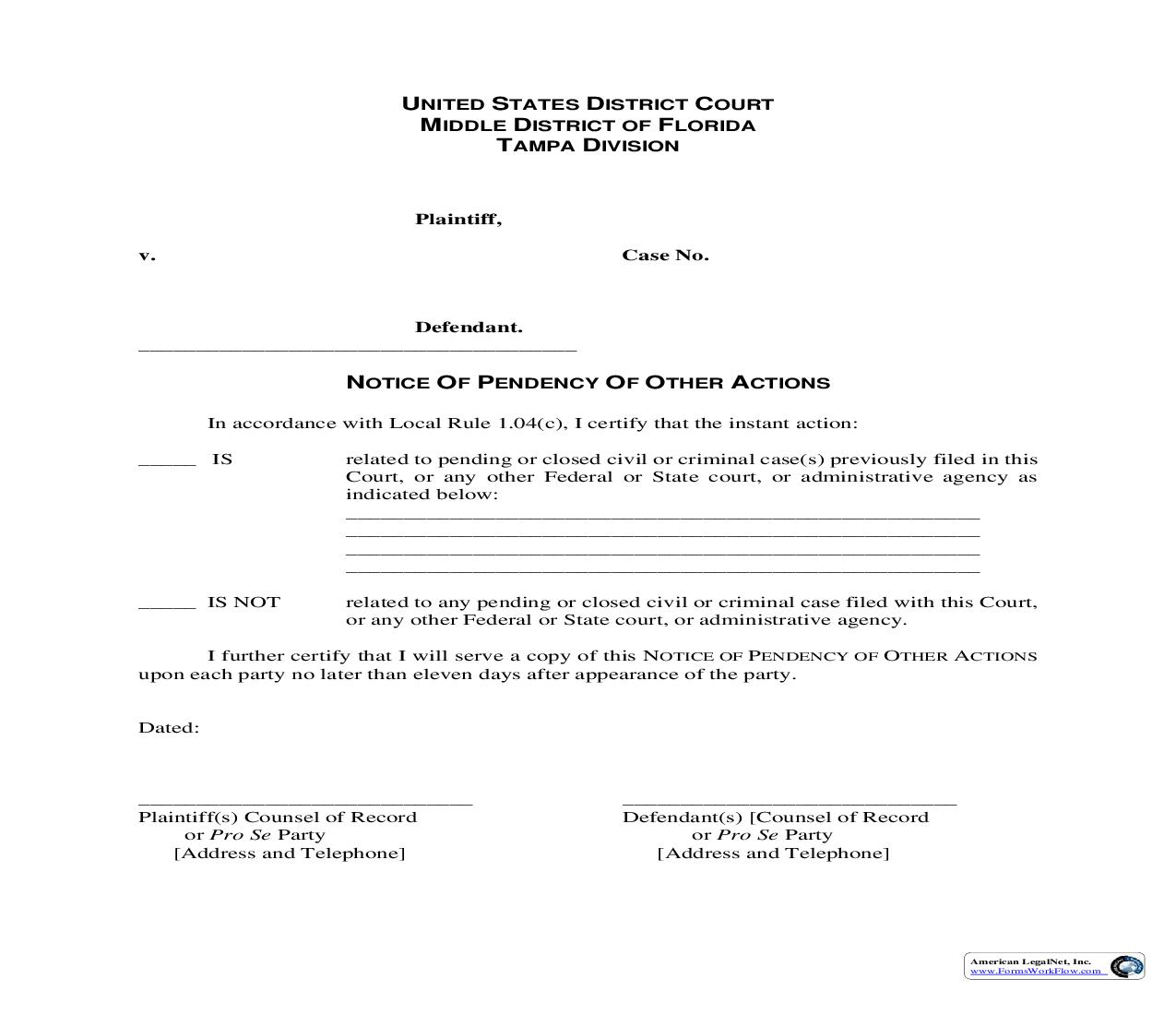 Notice Of Pendency Of Other Actions (Tampa) | Pdf Fpdf Doc Docx | Florida