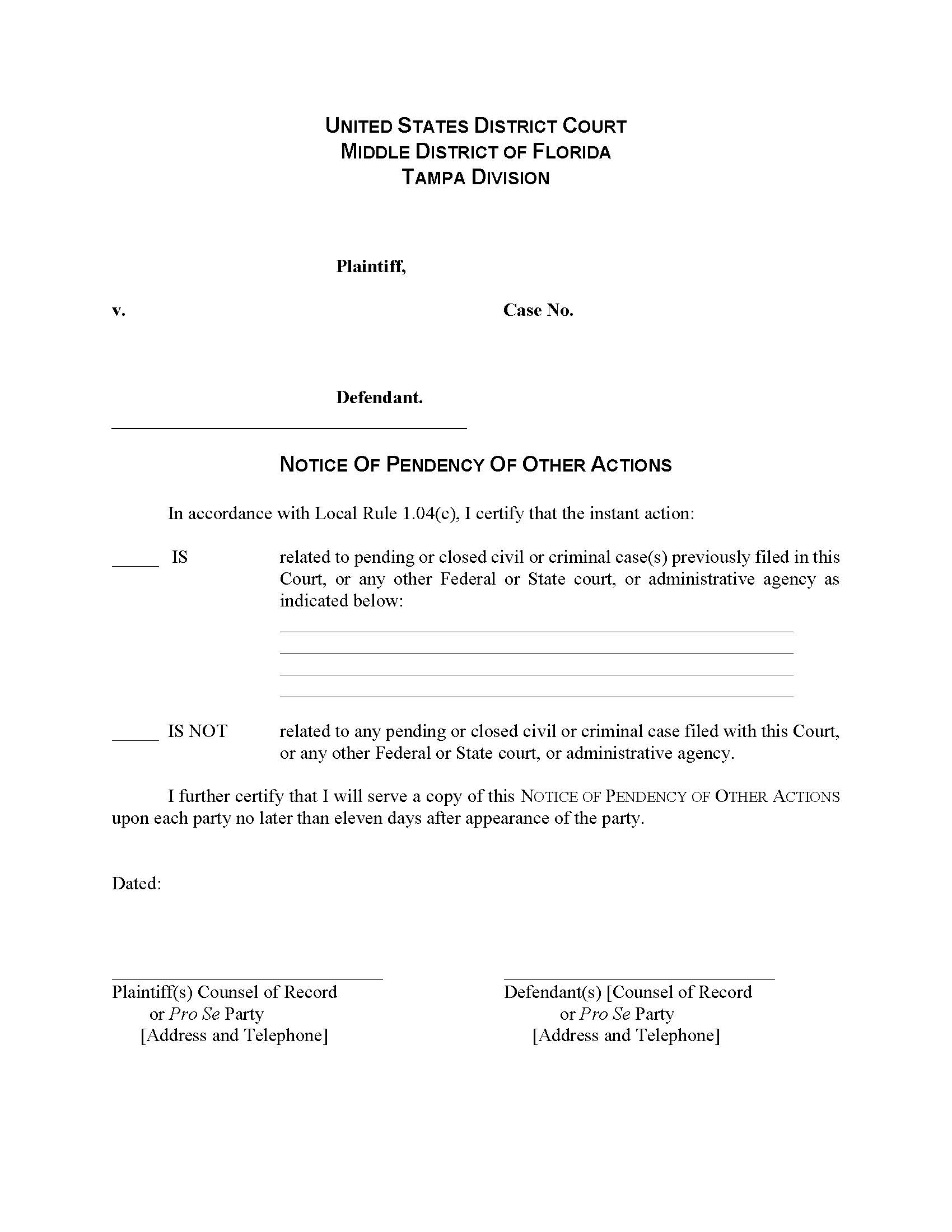Notice Of Pendency Of Other Actions (Tampa) | Pdf Fpdf Doc Docx | Florida