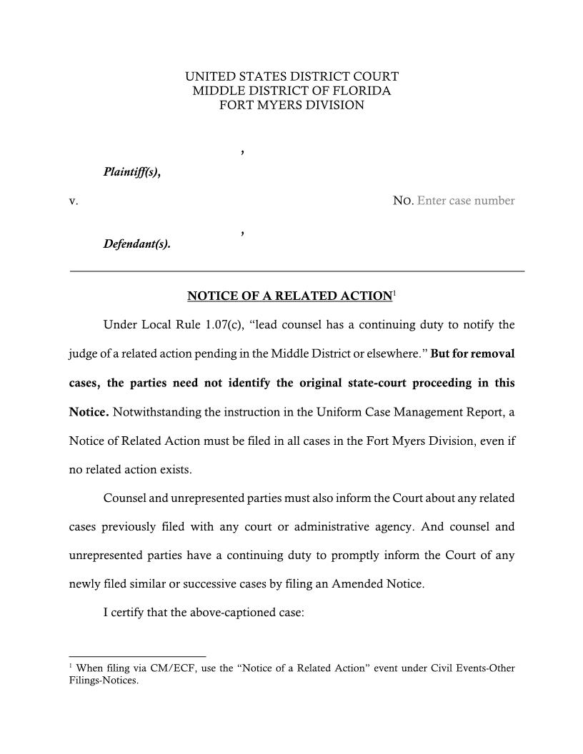 Notice Of Related Case (Fort Myers) | Pdf Fpdf Docx | Florida