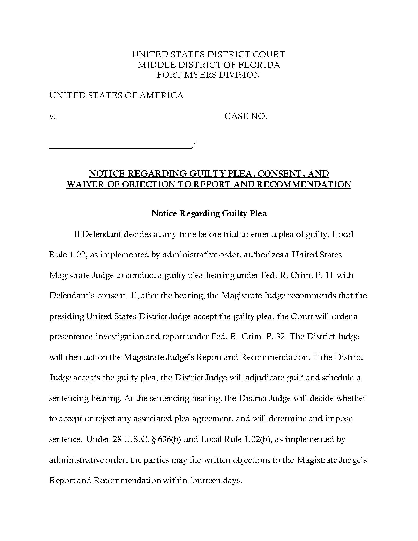 Notice Regarding Entry Of Guilty Plea Consent And Waiver Of Objection To Report | Pdf Fpdf Doc Docx | Florida
