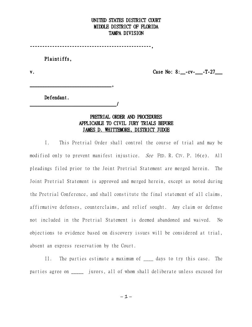 Pretrial Order Procedures Applicable To Civil Jury Trials (Judge Whittemore) | Pdf Fpdf Docx | Florida