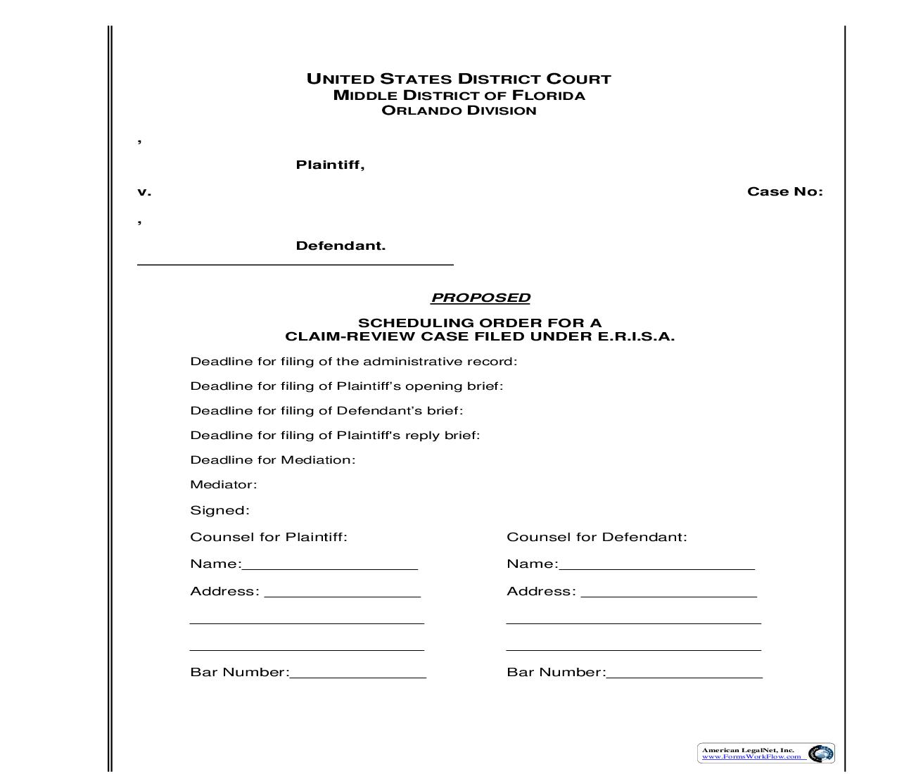 Proposed Scheduling Order For A Claim-Review Case Filed Under ERISA (Judge Antoon) | Pdf Fpdf Doc Docx | Florida