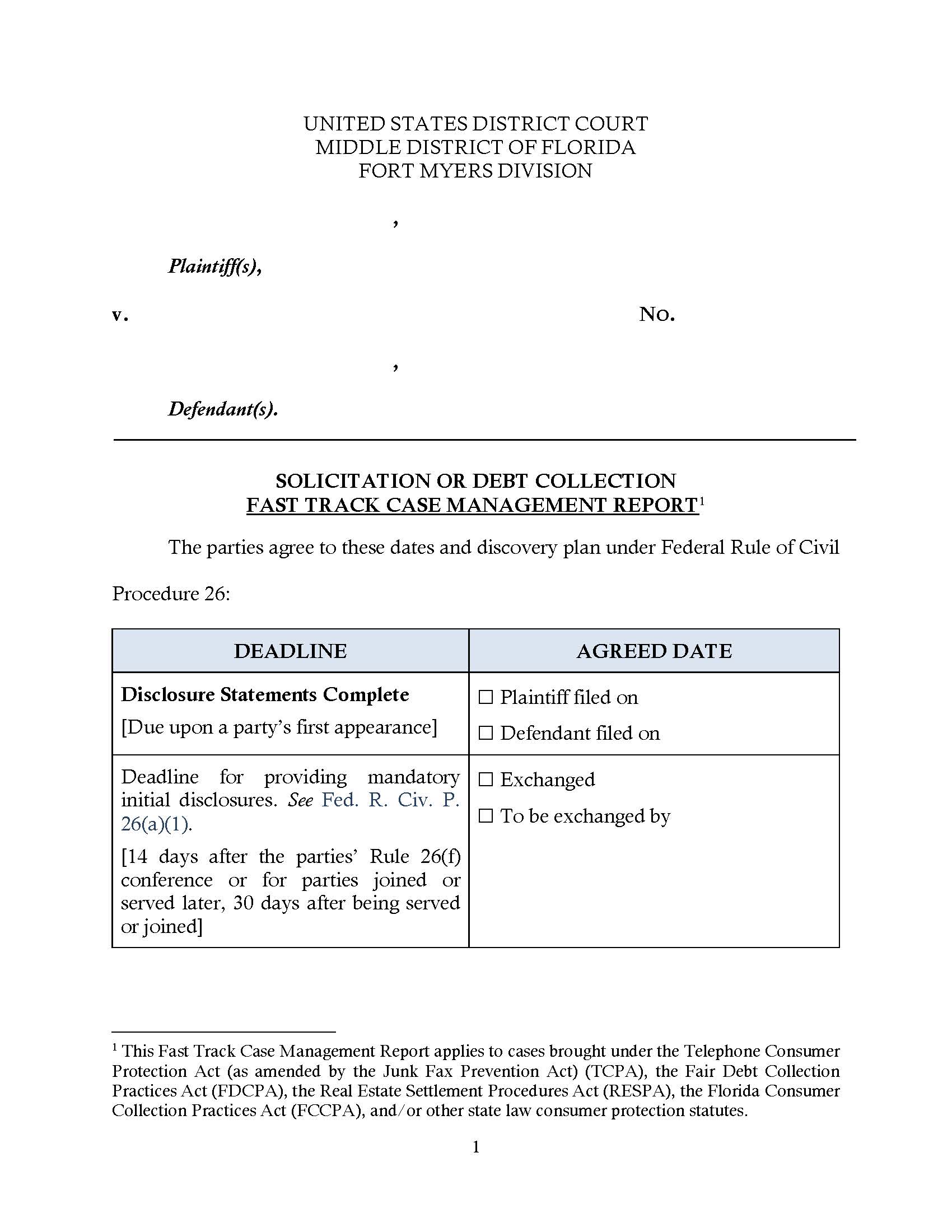 Solicitation Or Debt Collection Fast-Track Case Management Report (Fort Myers) | Pdf Fpdf Docx | Florida