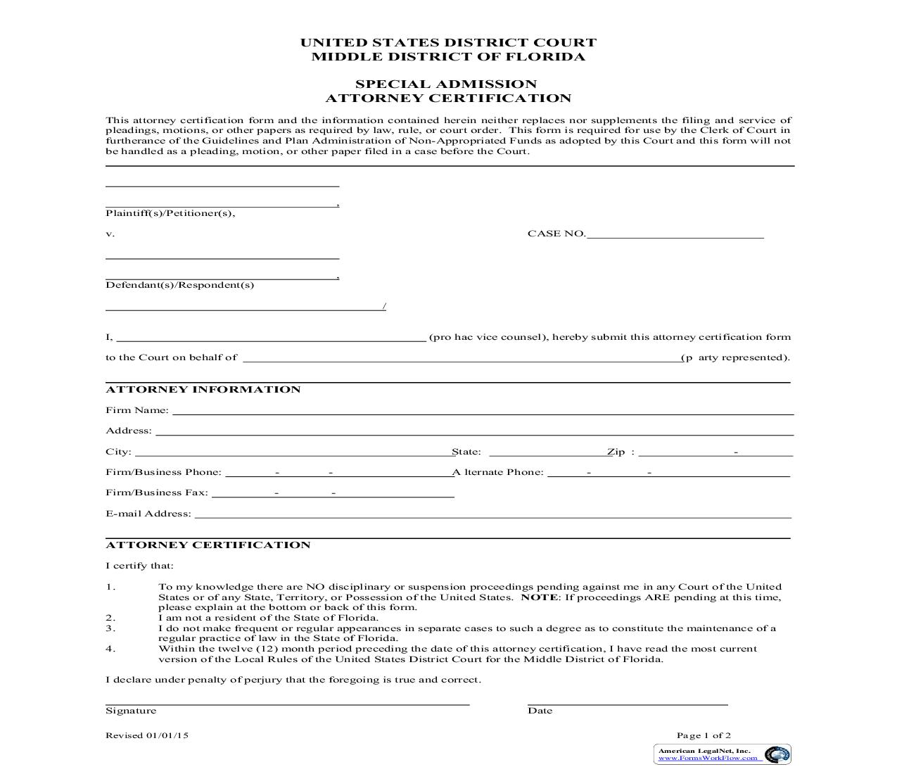 Special Admission Attorney Certification |  | Florida