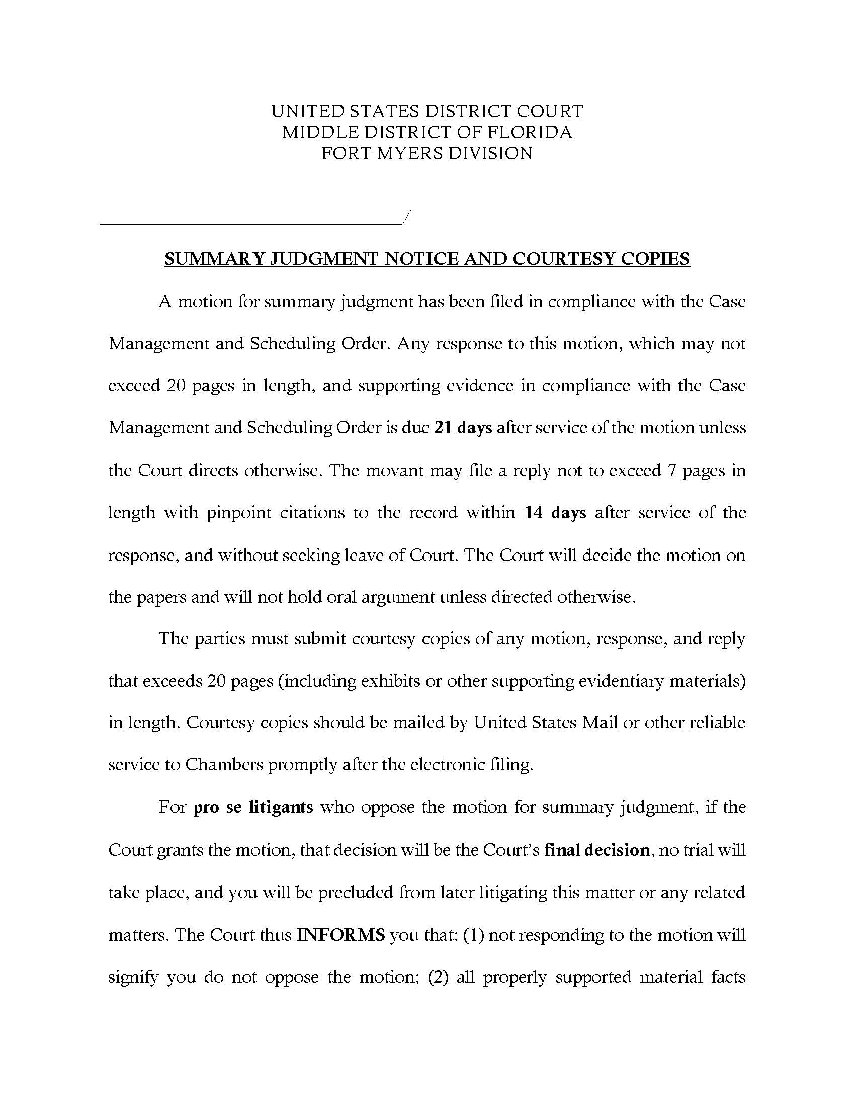 Summary Judgment Notice And Courtesy Copies (Fort Myers) | Pdf Fpdf Docx | Florida
