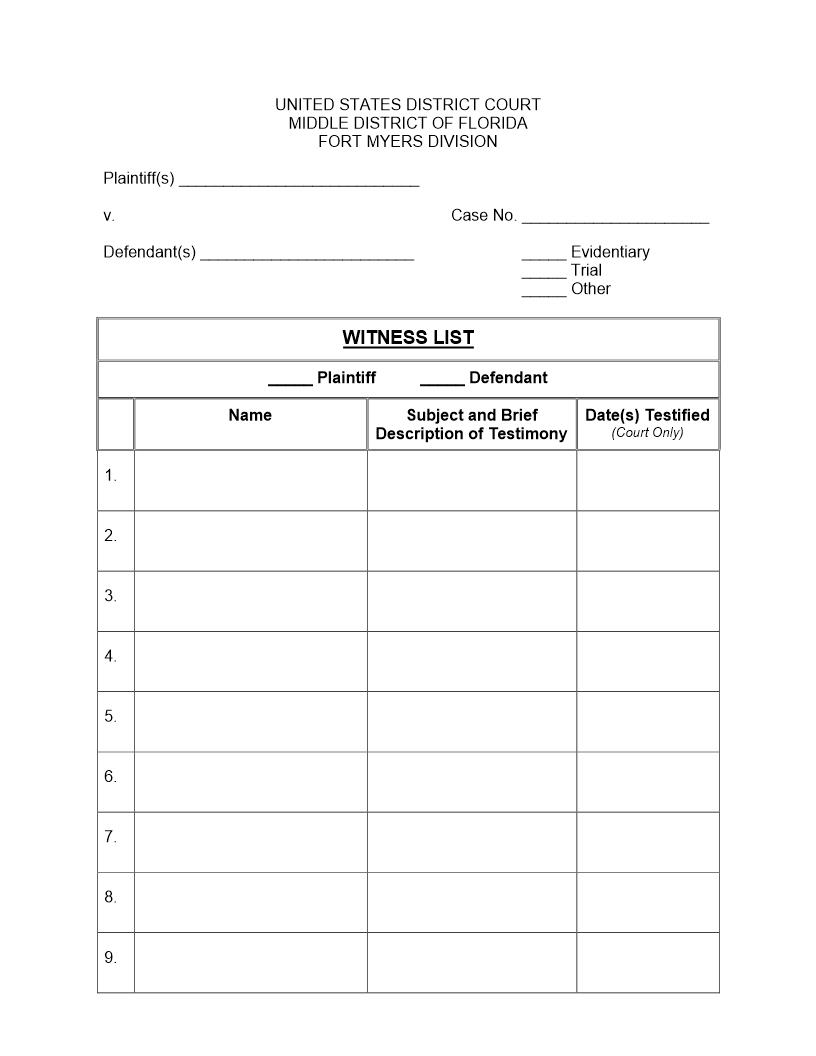 Witness List {Civil - Judges Chappell And Badalamenti - Ft. Myers) | Pdf Fpdf Docx | Florida